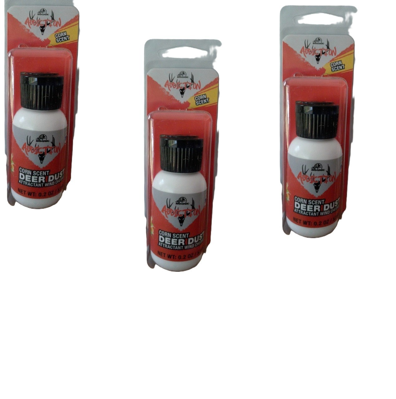 3 NEW Bio-Logic Addiction CORN Scent Deer Dust Attractant Wind Checker 0.2 OZ