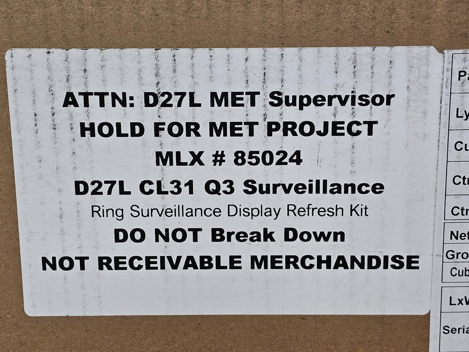 MET PROJECT Ring Surveillance Display Refresh Hardware 850-233410 D27L CL31 Q3