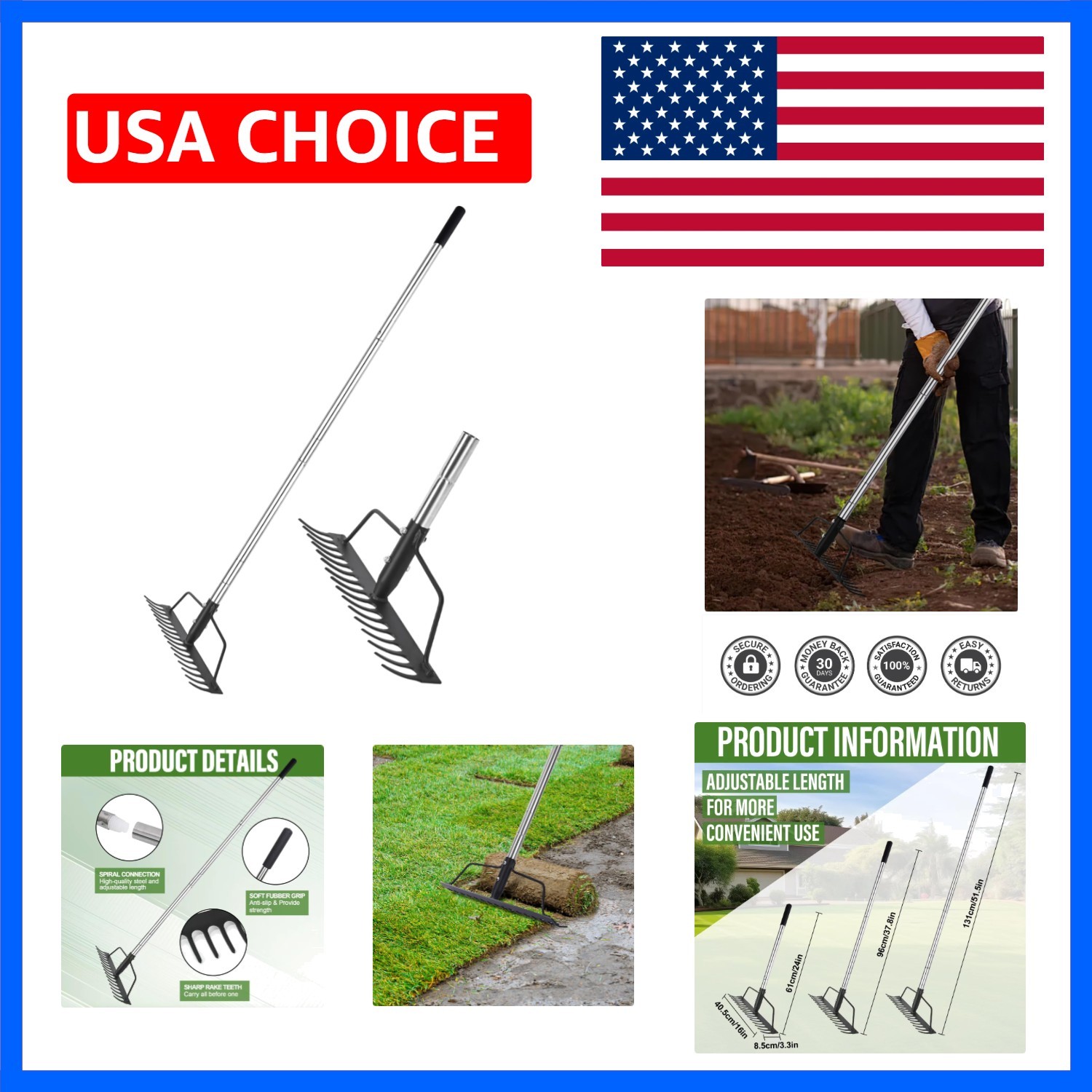 15 Inch Wide Adjustable Bow Rake with 16 Steel Tines & Stainless Steel Handle