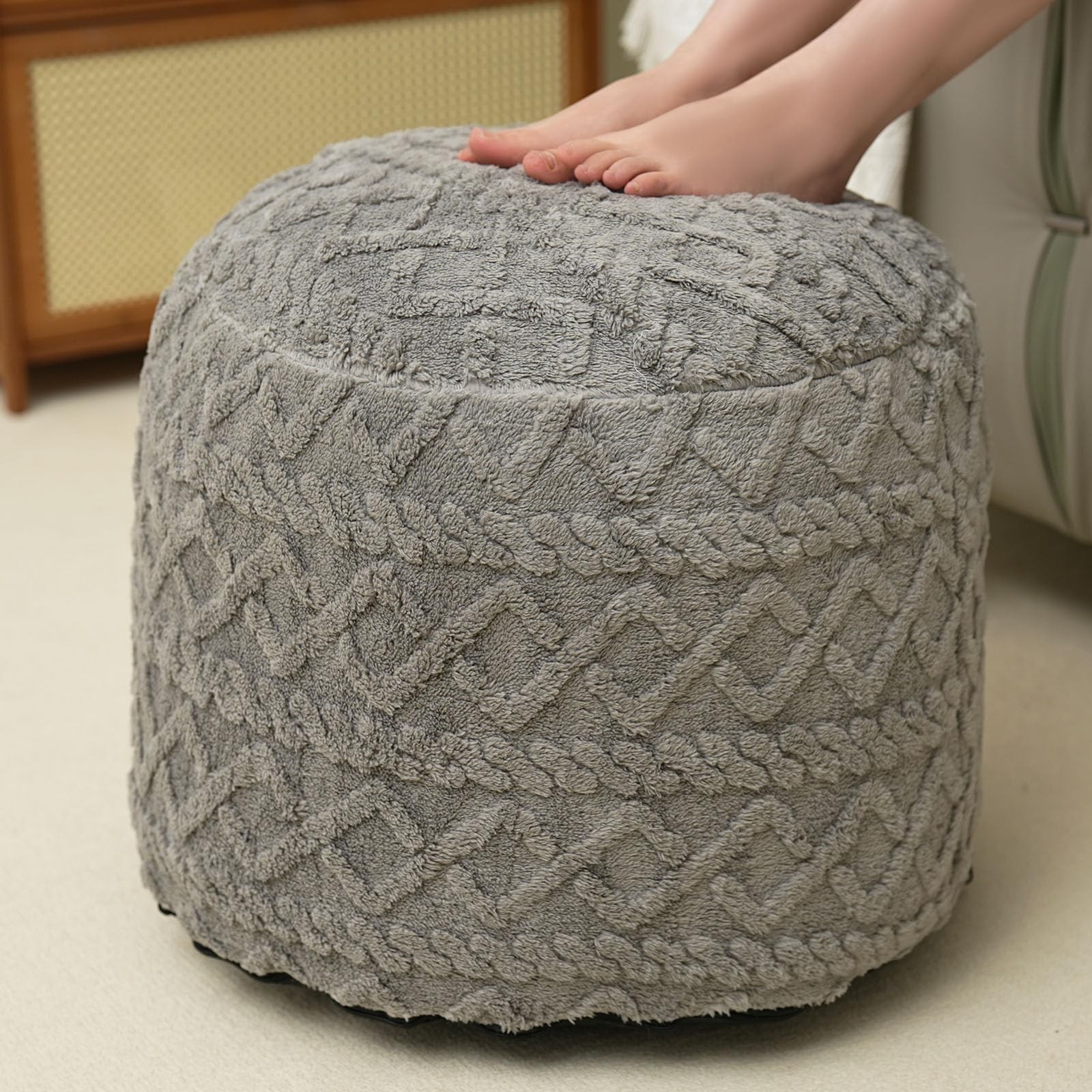 Round Stuffed Pouf Ottoman for Foot Rest, Faux Fur Poufs with Foam Chunk Fill...