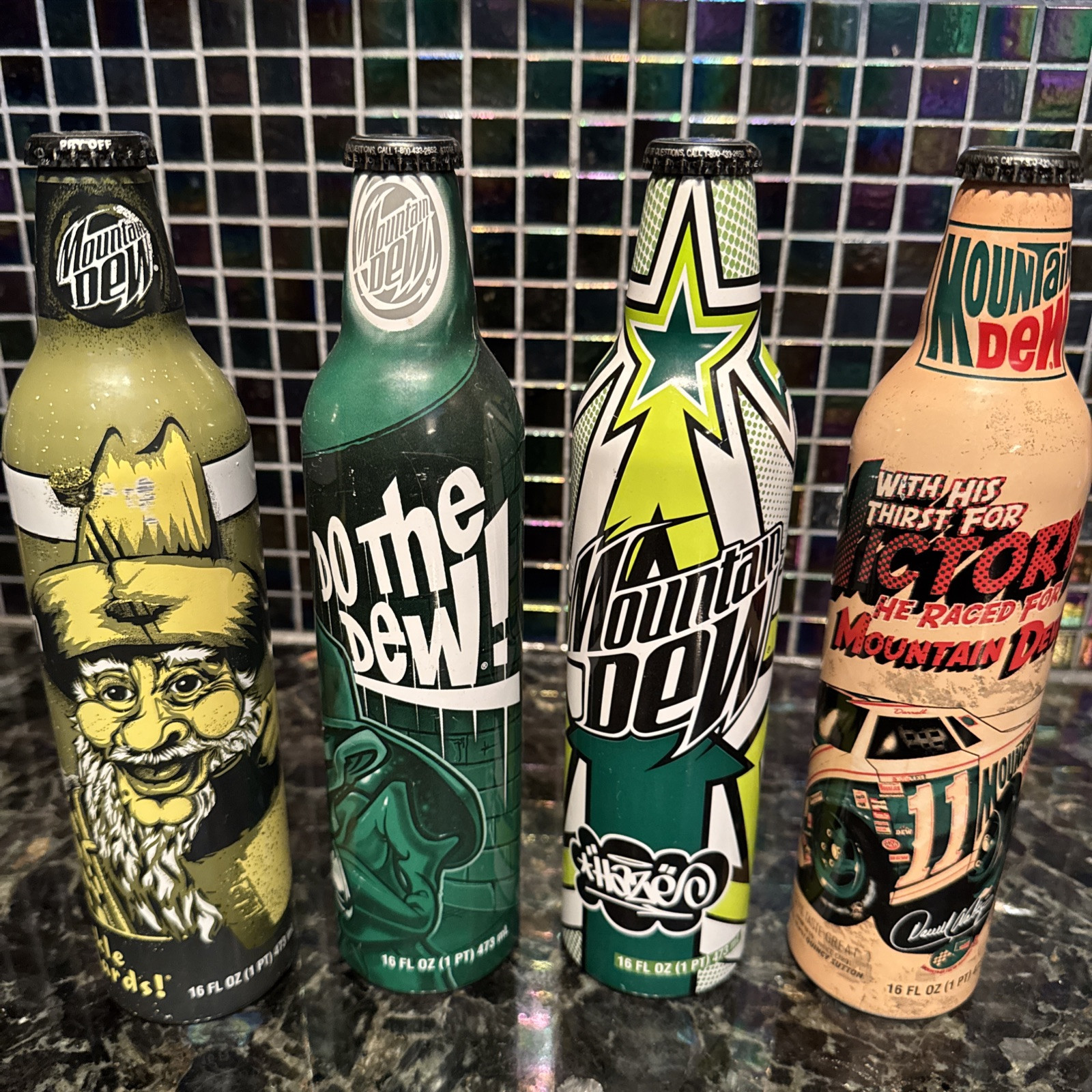 Mountain Dew LIMITED ART LABEL Lot of 4 SEALED FULL VGUC COLLECT MAN CAVE COOL