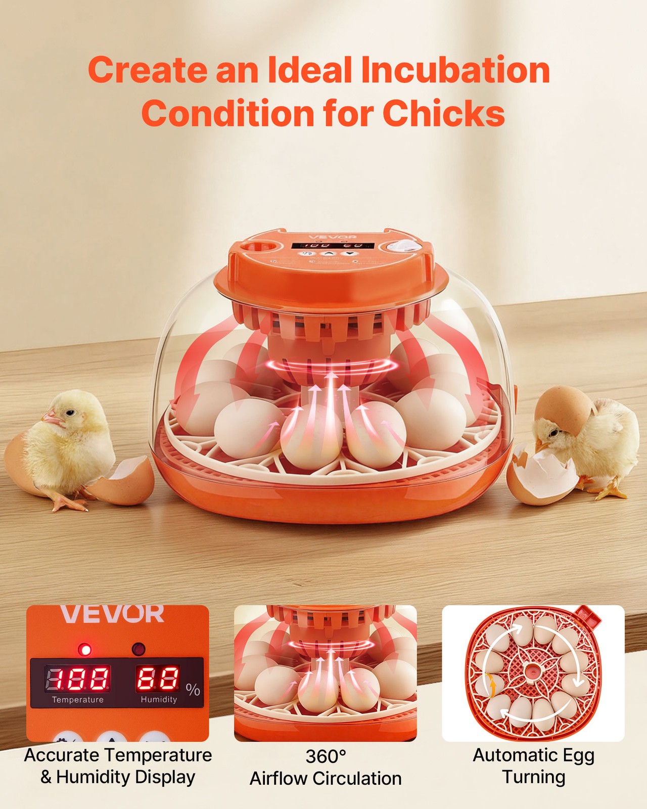 VEVOR 12 Egg Incubator Auto Turning Egg Candler Temperature & Humidity Control