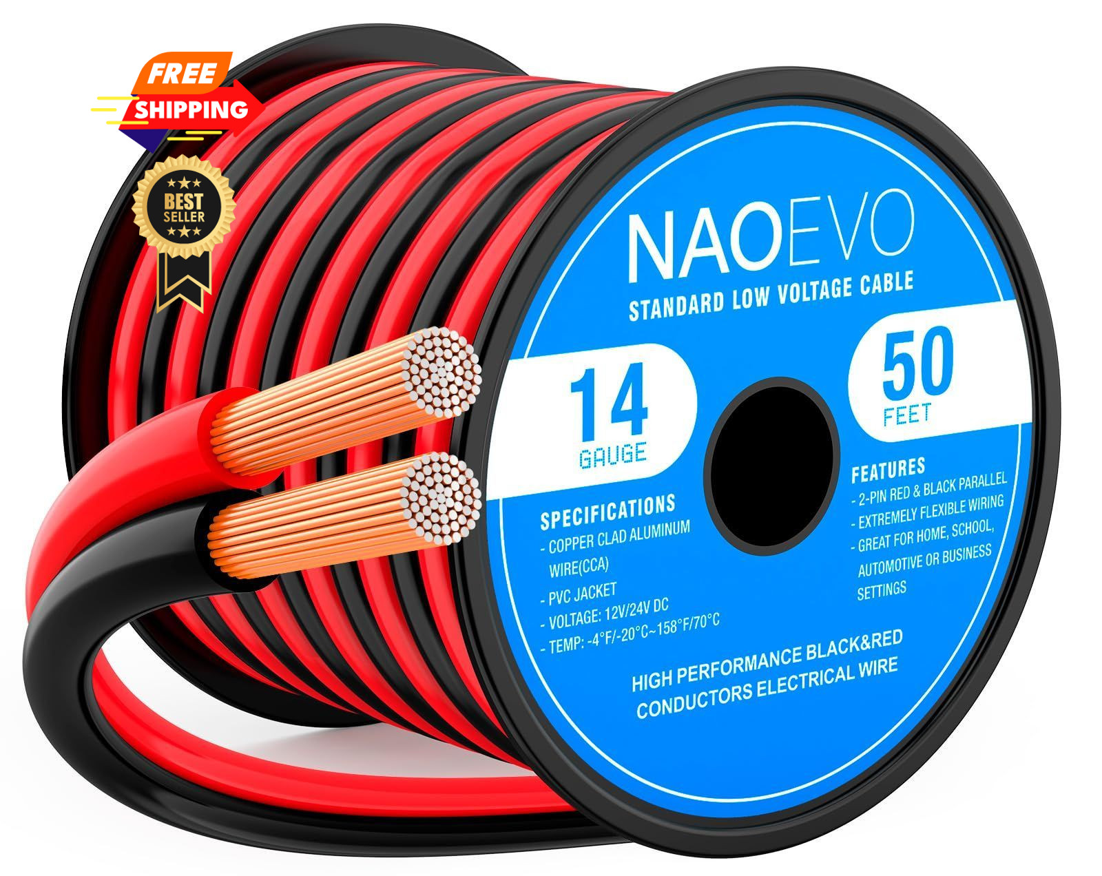NAOEVO 14 Gauge Wire 50FT, 2 Conductors Electrical Red Black 50ft, 14AWG