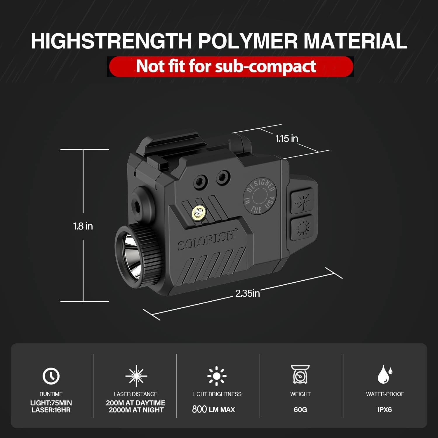 Solofish 800 Lumens Pistol Light Laser Combo, Strobe Function for Green/Red/Blue