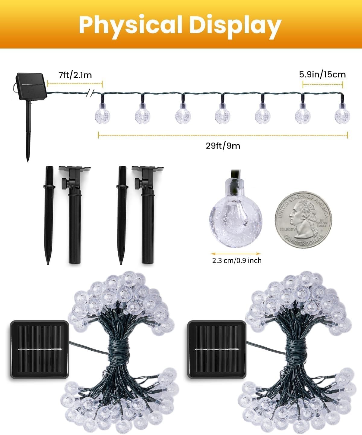 2 Pack Solar String Lights 36.5FT 60LED Waterproof 8 Modes Warm White Outdoor