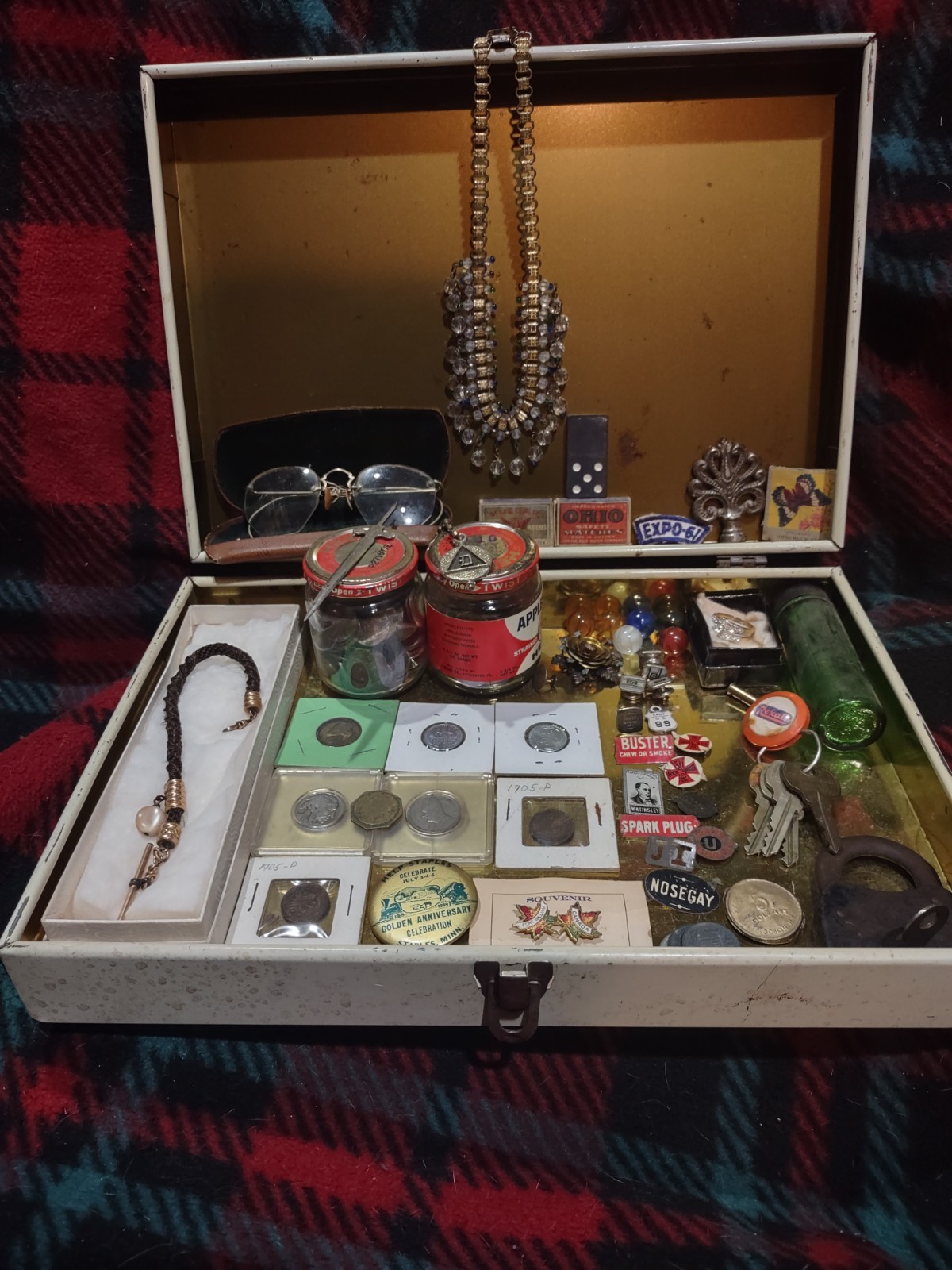 Grandpas junk drawer collection of vintage items in Skil-Craft Chemistry Lab tin