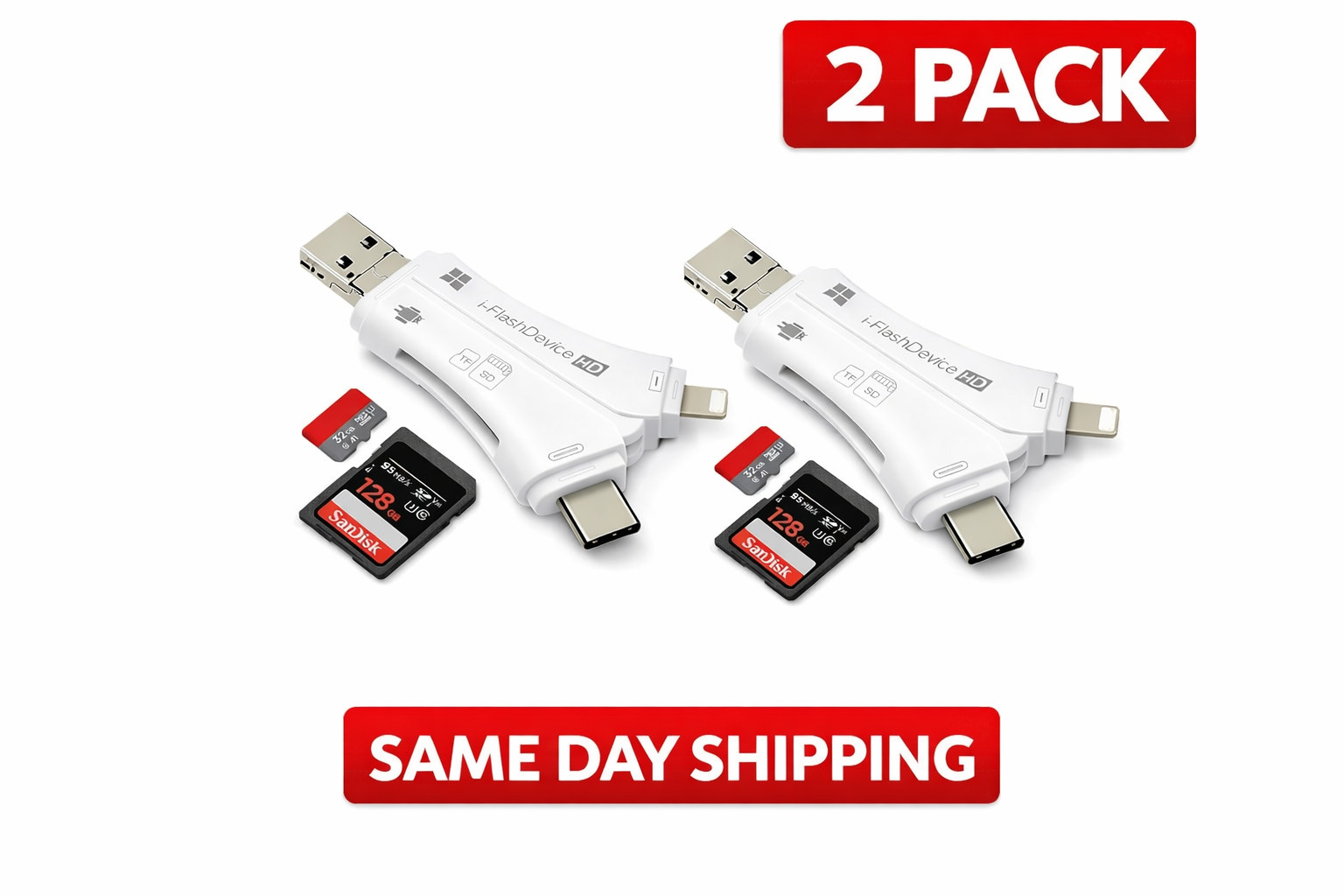 2 Pack 4in1 USB Card Reader iPhone iPad Android SD TF Adapter Lightning