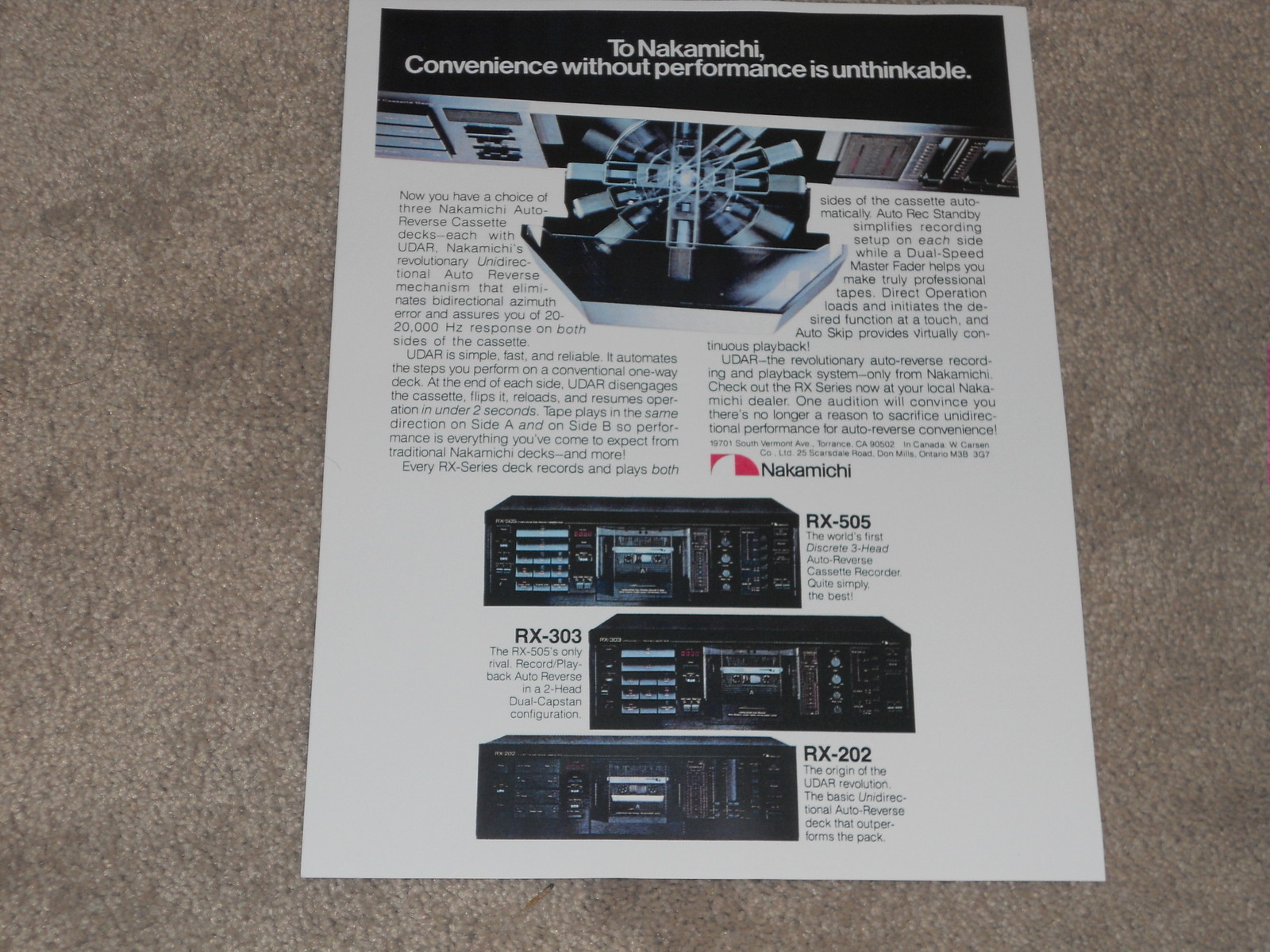 Nakamichi RX-505, RX-303, RX-202 Cassette Ad, 1984, Info, 1 page, ready to frame