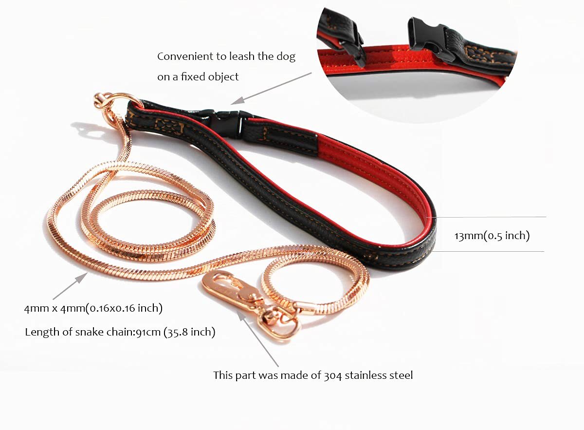 Chew Proof Dog Leash Snake Chain Red Bronze Metal with Leather Handle for Dog...