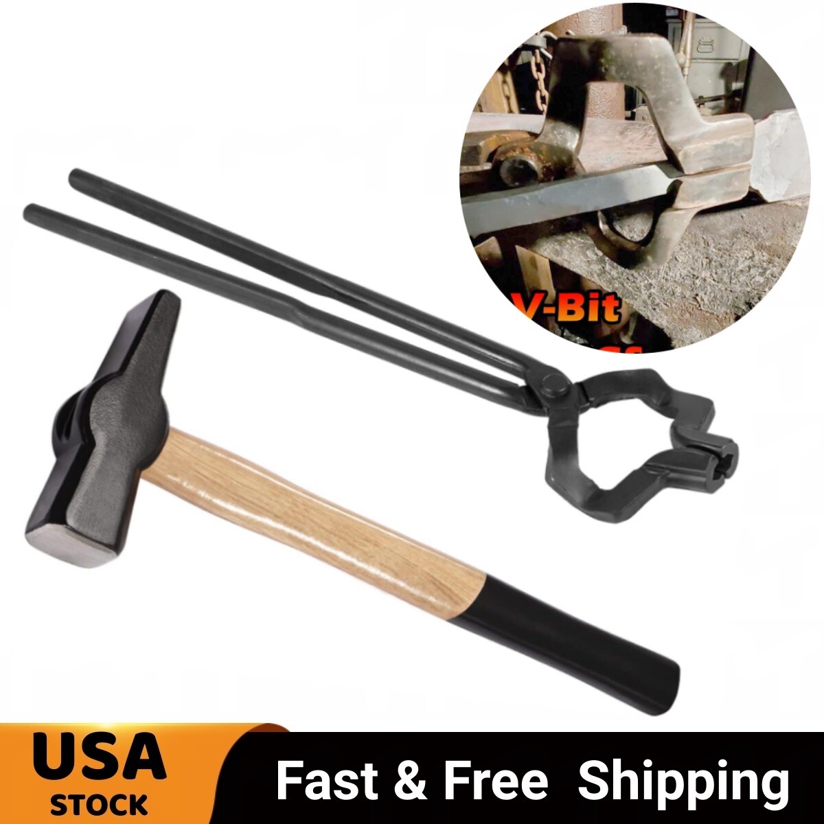 16" Z V-Bit Tongs Knifemaking & Blacksmith& Blacksmiths’ Hammer(0000811-1500)