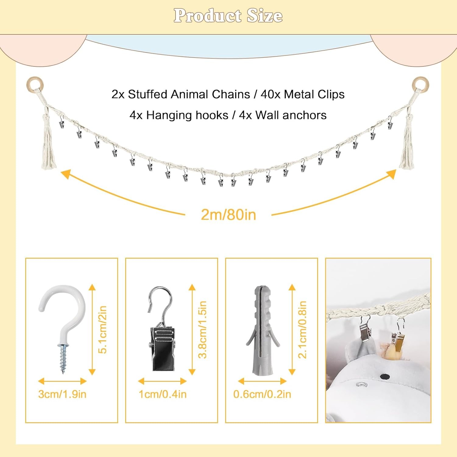 80" 2-Pack Cotton Hanging Storage Chain For Stuffed Animals Storage with 20 Meta