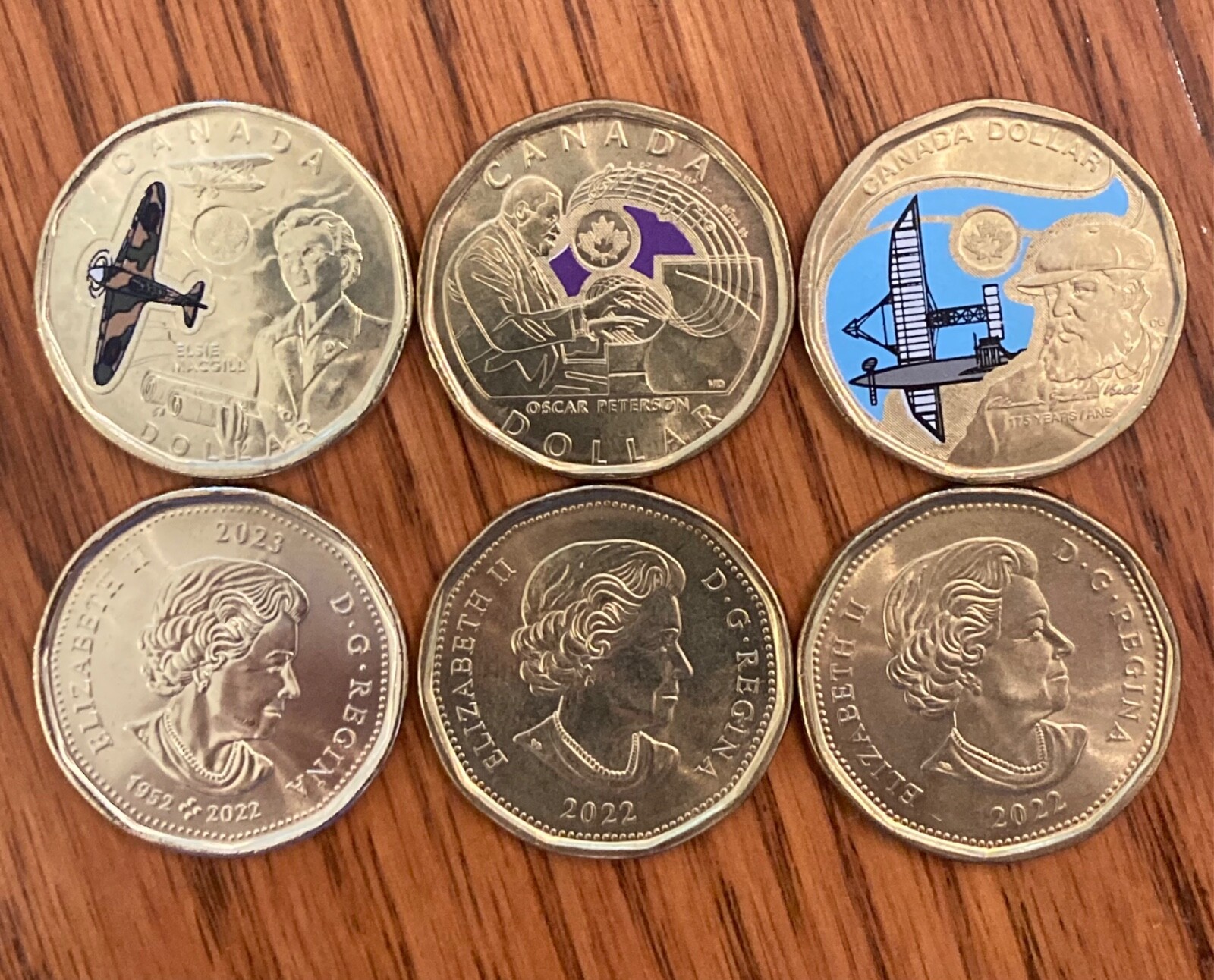 2022 & 2023 Canada coloured one dollar loonies, Elsie MacGill, Peterson, Bell