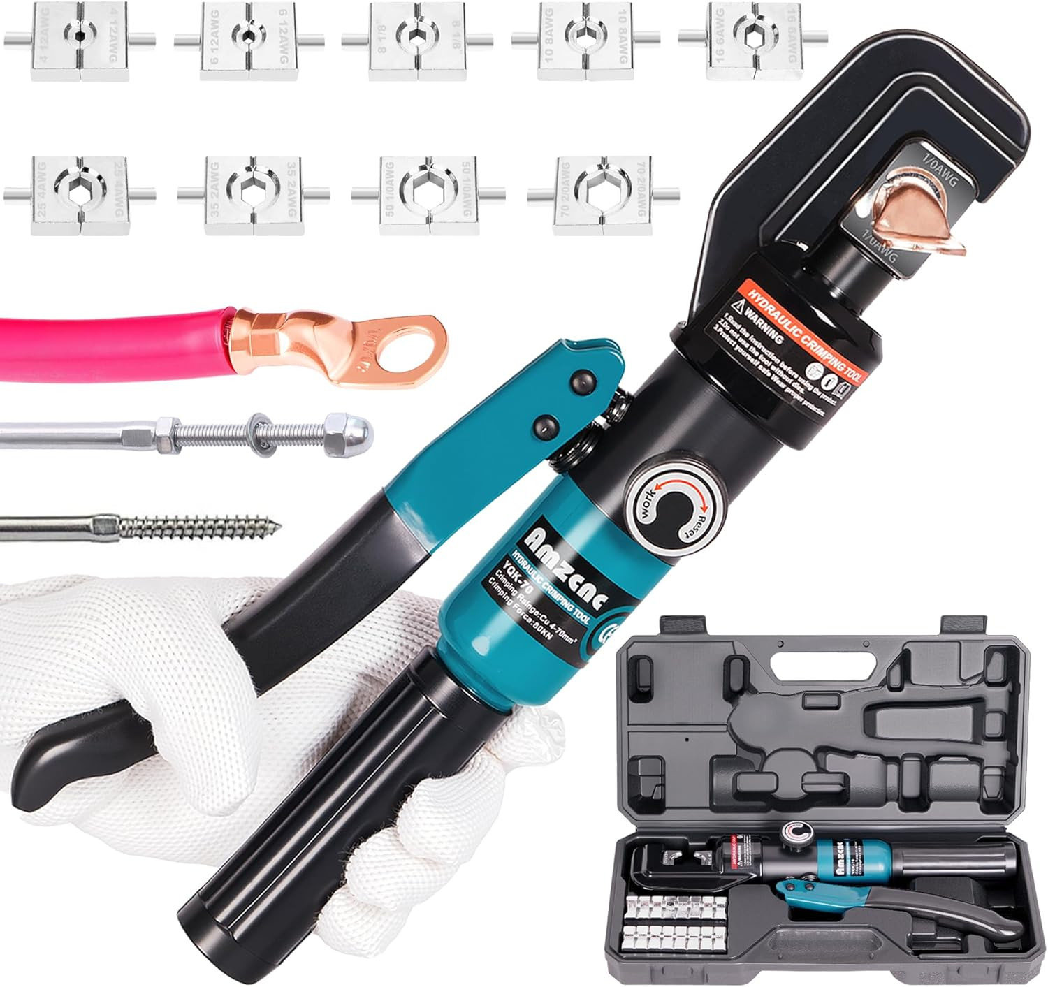 10 Ton Hydraulic Battery Cable Crimper Tool, 9 Hex Dies, 180° Head