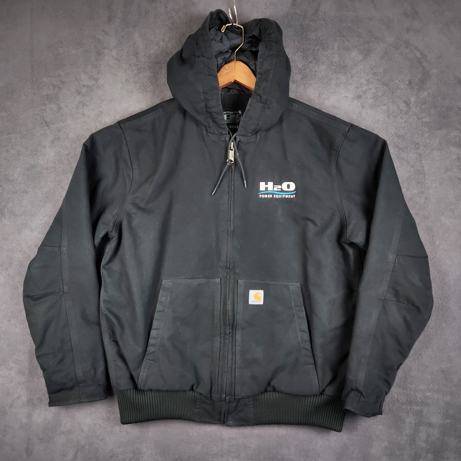 Carhartt Active Jacket J130M Mens Large Black Washed Duck Insulated Hooded Logo