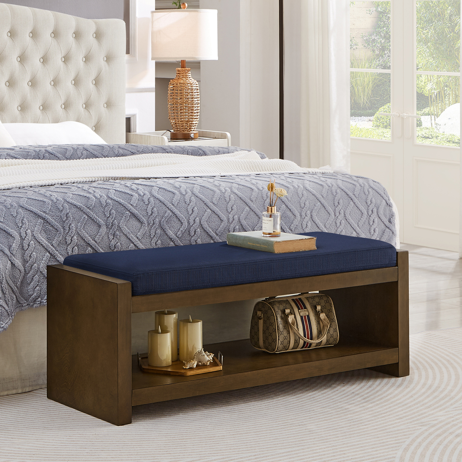 47in Accent Bench with Lower Shelf Shoe Rack Padded Seating Bench for LivingRoom