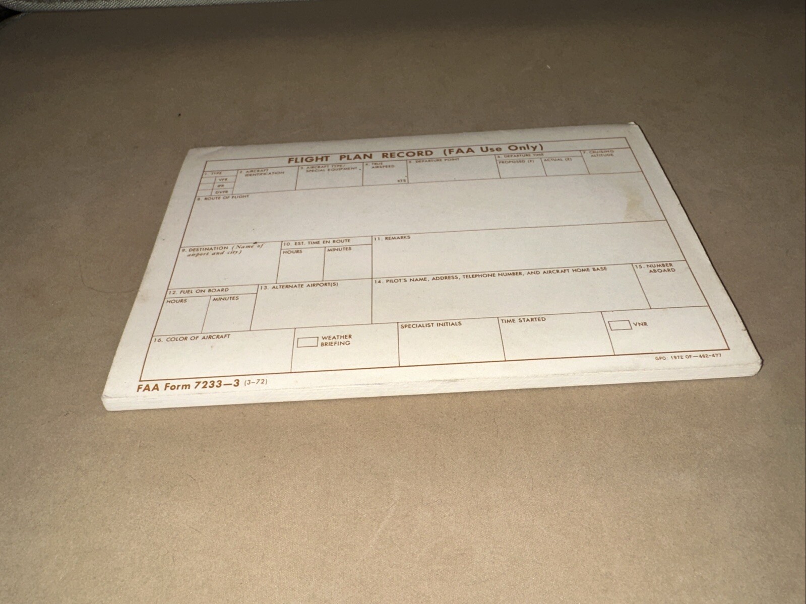 Vintage Flight Plan FAA 7233-3 Pilot's Preflight Checklist Pad of 50 Sheets 1972