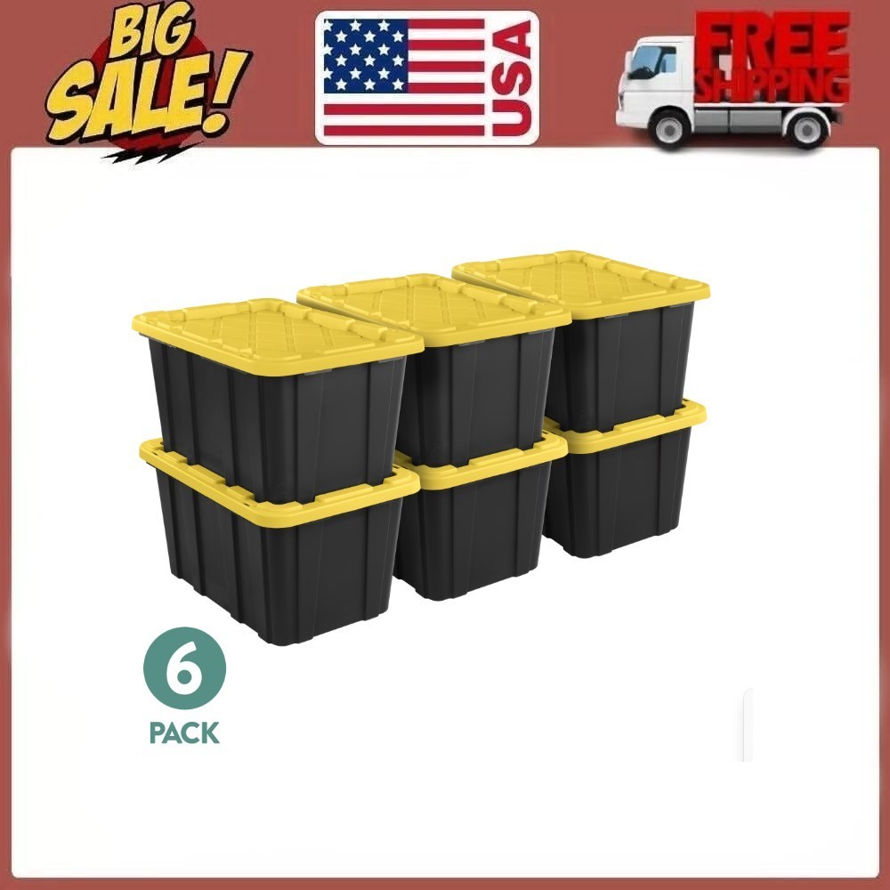 6-Pack Sterilite 27Gal Large Plastic Storage Tote Black Base Yellow Snap Lid