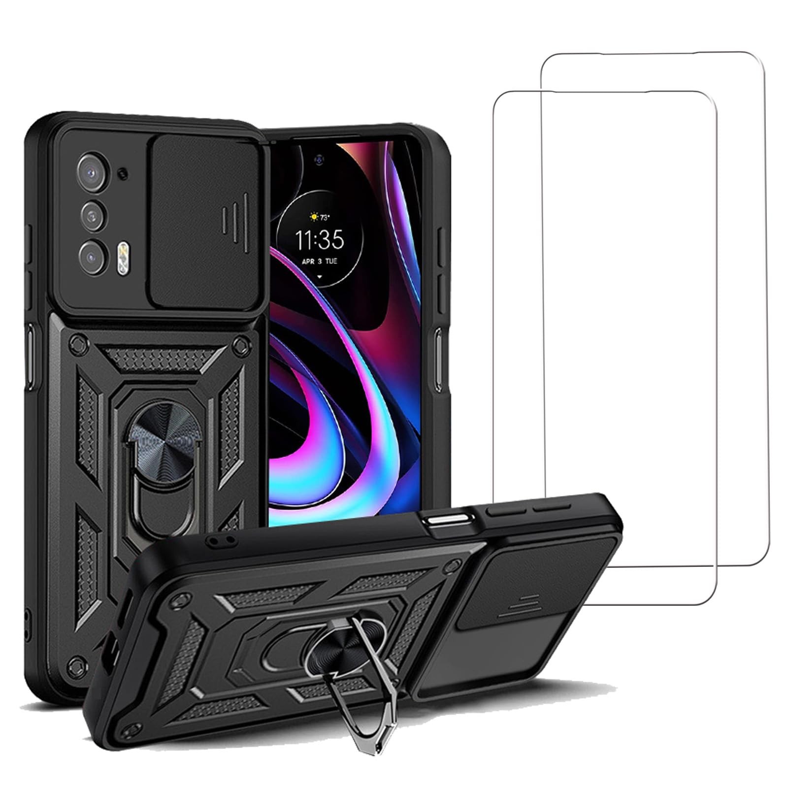 for Motorola Moto Edge 2021 5G UW Case with [2 Pack] Glass Screen SJ-Black