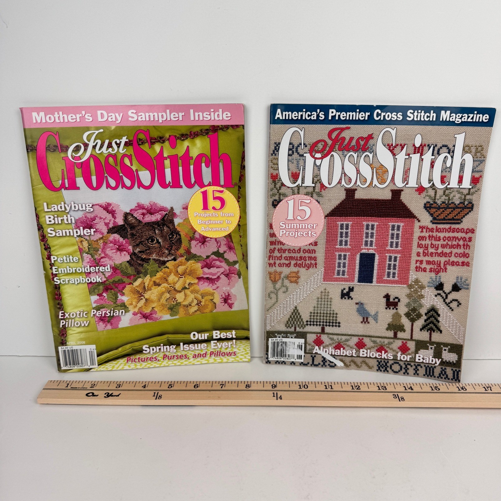 Just Cross Stitch 2008 Magazines Lot of 2 Summer Garden Flowers Birds Cats