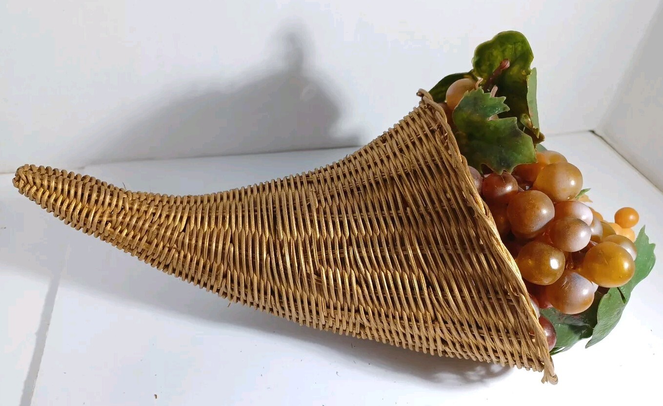 Vintage Holiday Wicker Horn Of Plenty Cornucopia Basket And Faux Grapes Gold