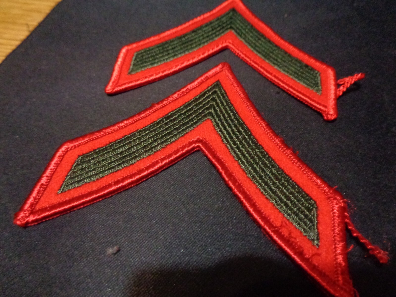 USMC Private First Class PFC E2 Chevrons PATCH set Green on Red Service Alpha