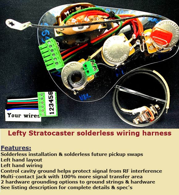 LEFTY Fender Stratocaster Solderless HSS Wiring Harness + Coil Split