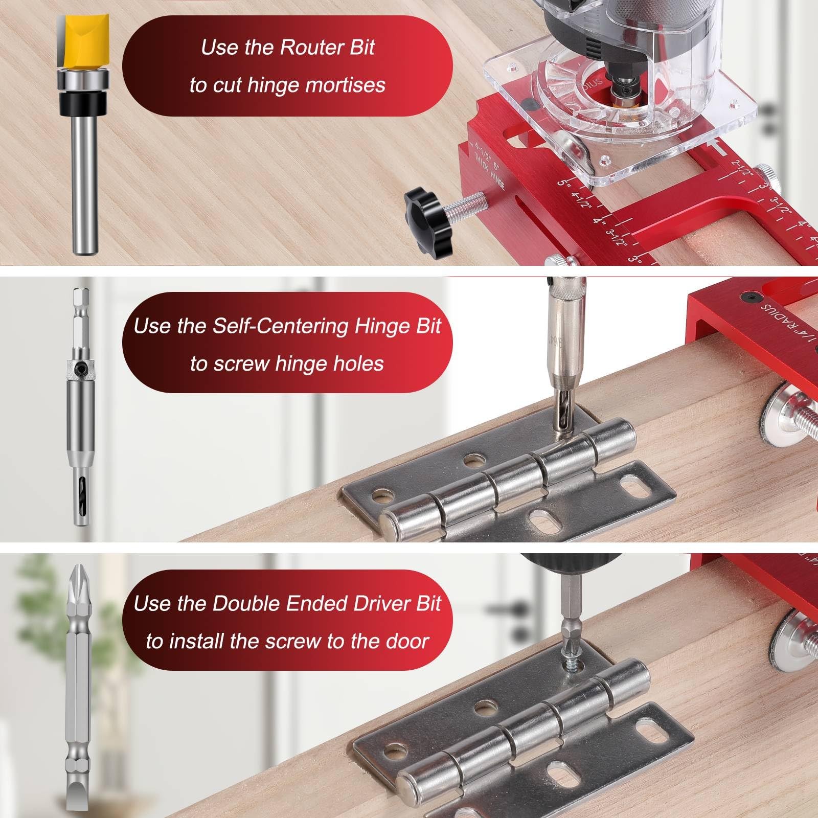 Adjustable Door Hinge Mortise Template Kit with Router for 2.5"-5" Hinges