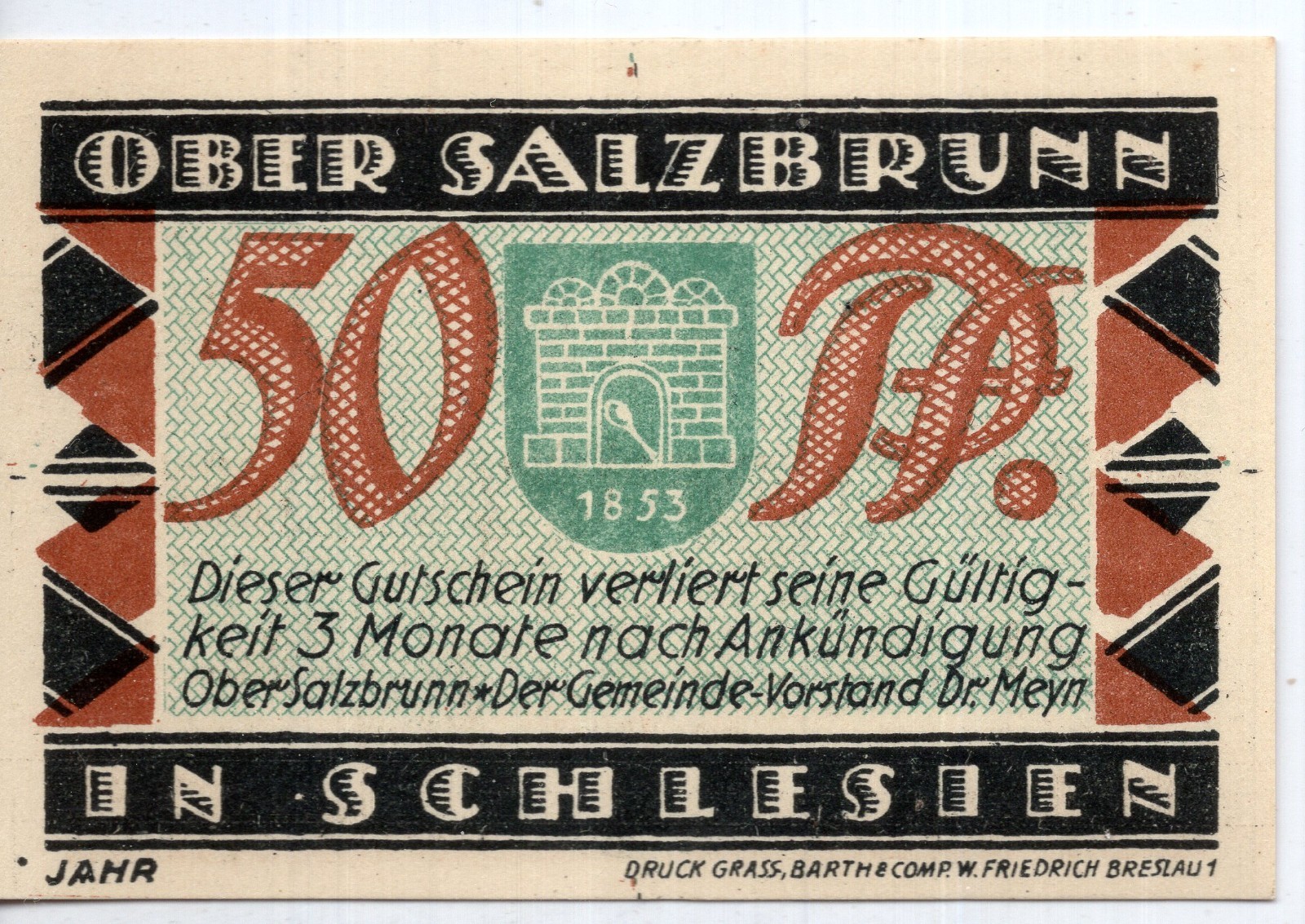 1921 Germany Bad Salzbrunn Notgeld 50 Pfennig Note (NG78)