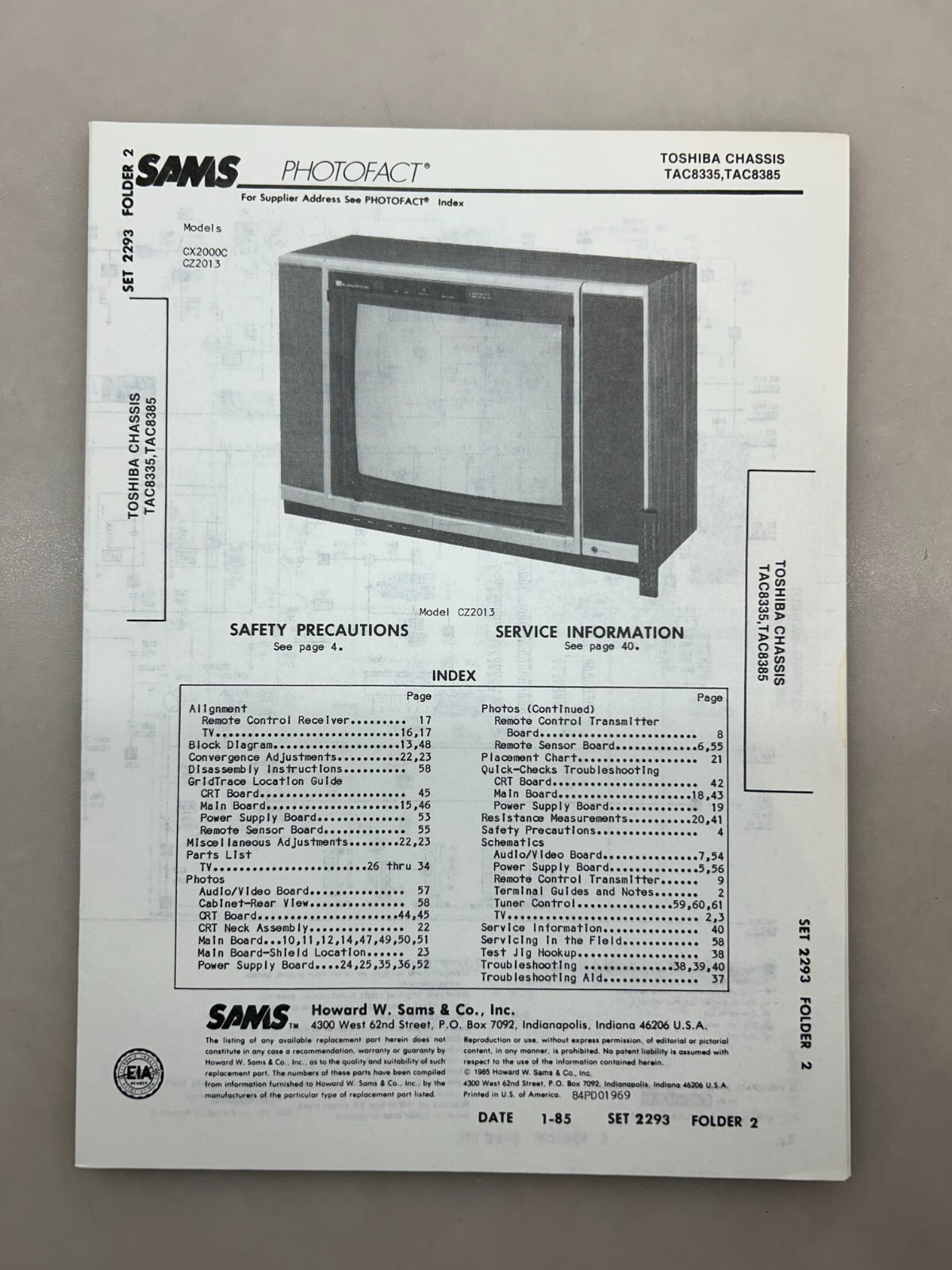 Toshiba TAC8335 TAC8385 Service Manual Sams Photofact Free Shipping