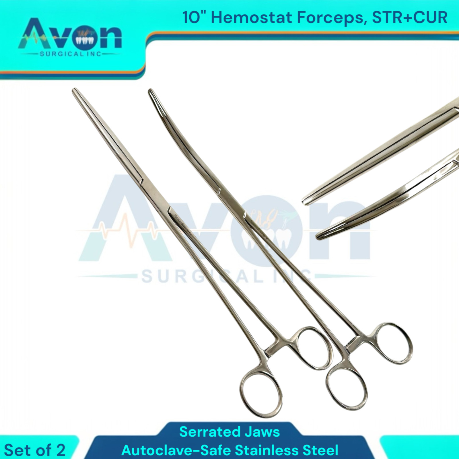 Stainless Steel Pean Forceps with Full Serrated Jaws, Cur + Str, 10" | 2PK