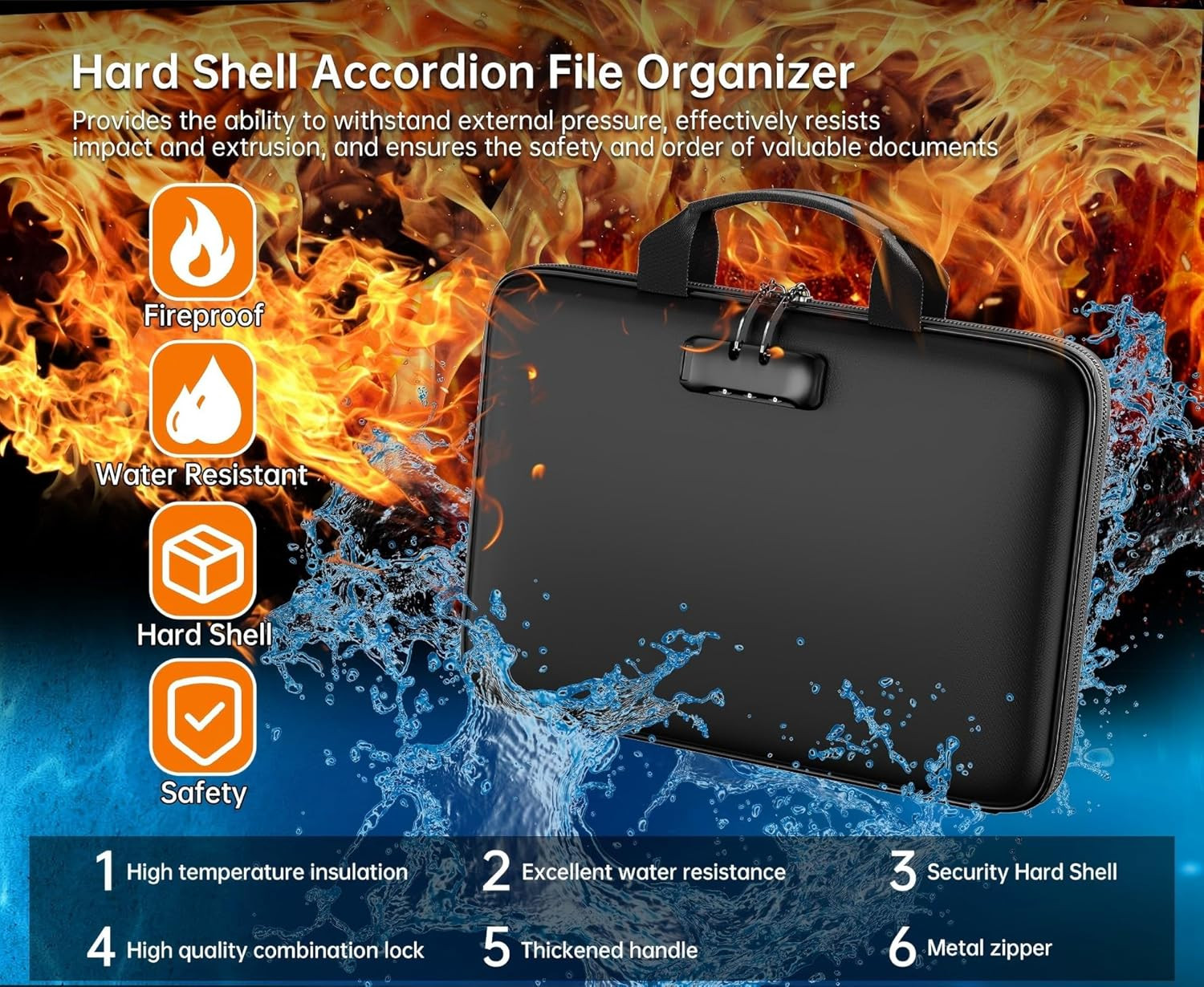 Fireproof File Organizer with Lock, Hard Case Fireproof Document Box