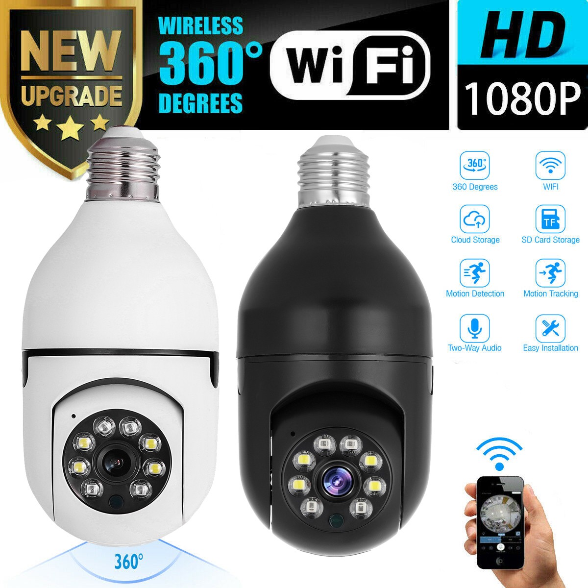 WiFi 360° Panoramic Lamp 1080P Wireless E27 Bulb Camera Smart Security Home Cam