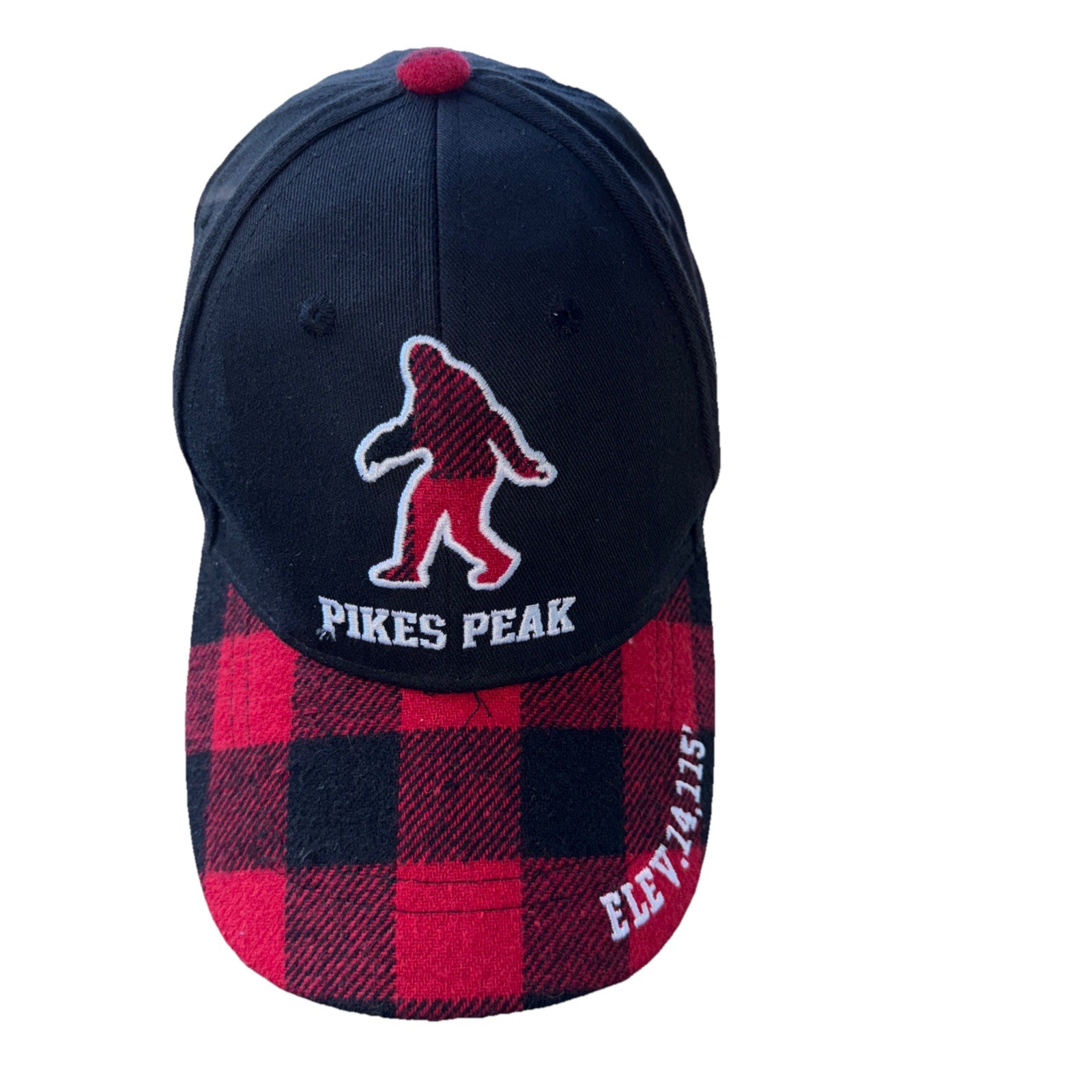 Pikes Peak Elev. 14,115 w Big Foot on Black Hat Cap w Red Checked Bill EUC