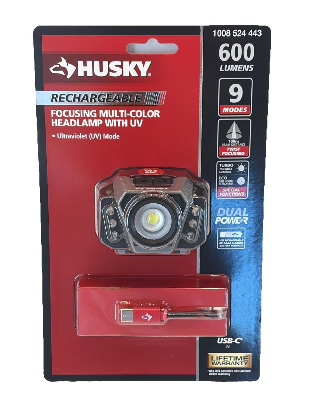 Husky Rechargeable Headlamp Focusing Multi Color and UV 600 Lumens Flashlight