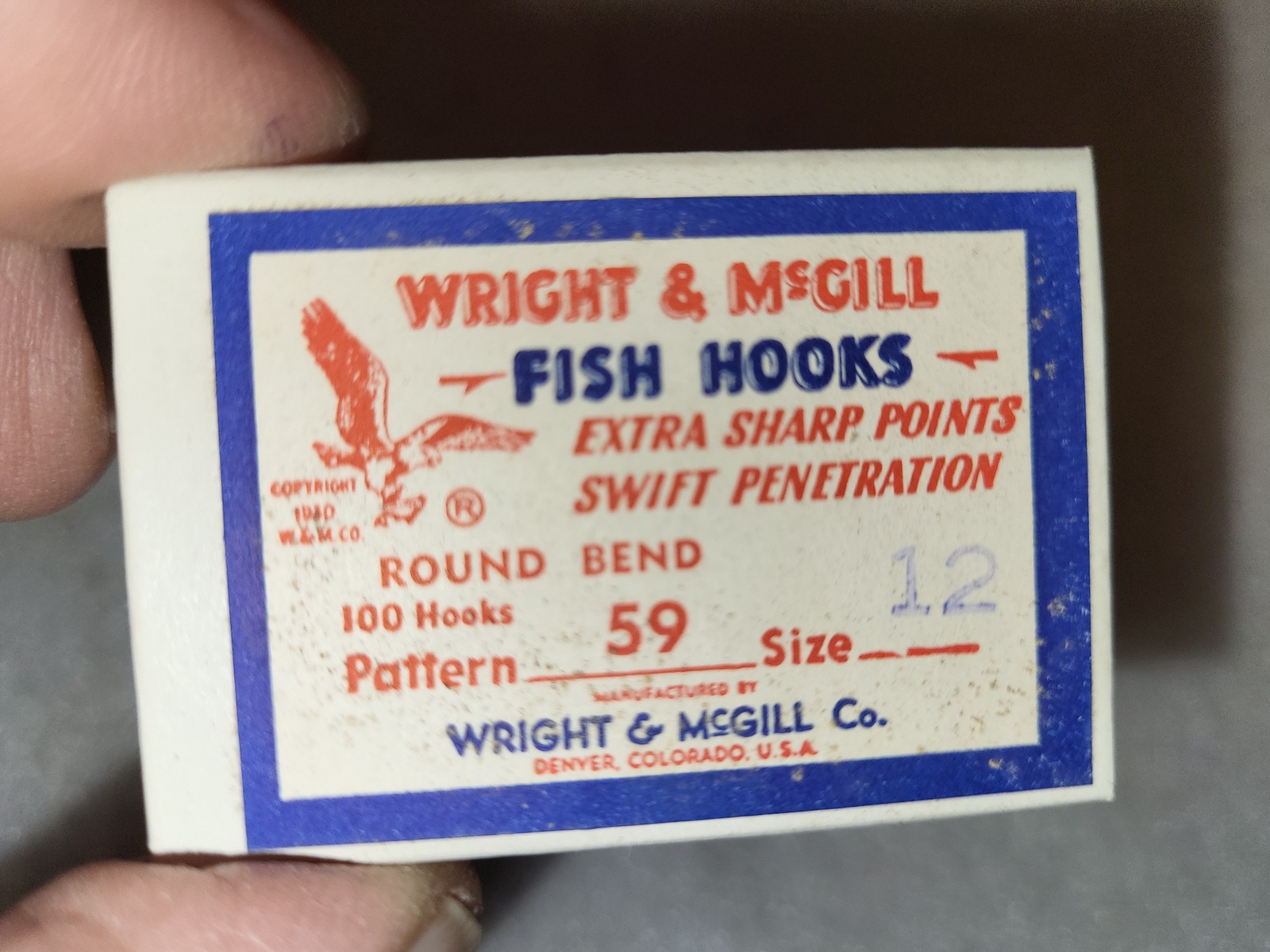 NOS Wright & McGill #12 Round Bend Pattern 59 Fish Hooks in Box 100 Pieces