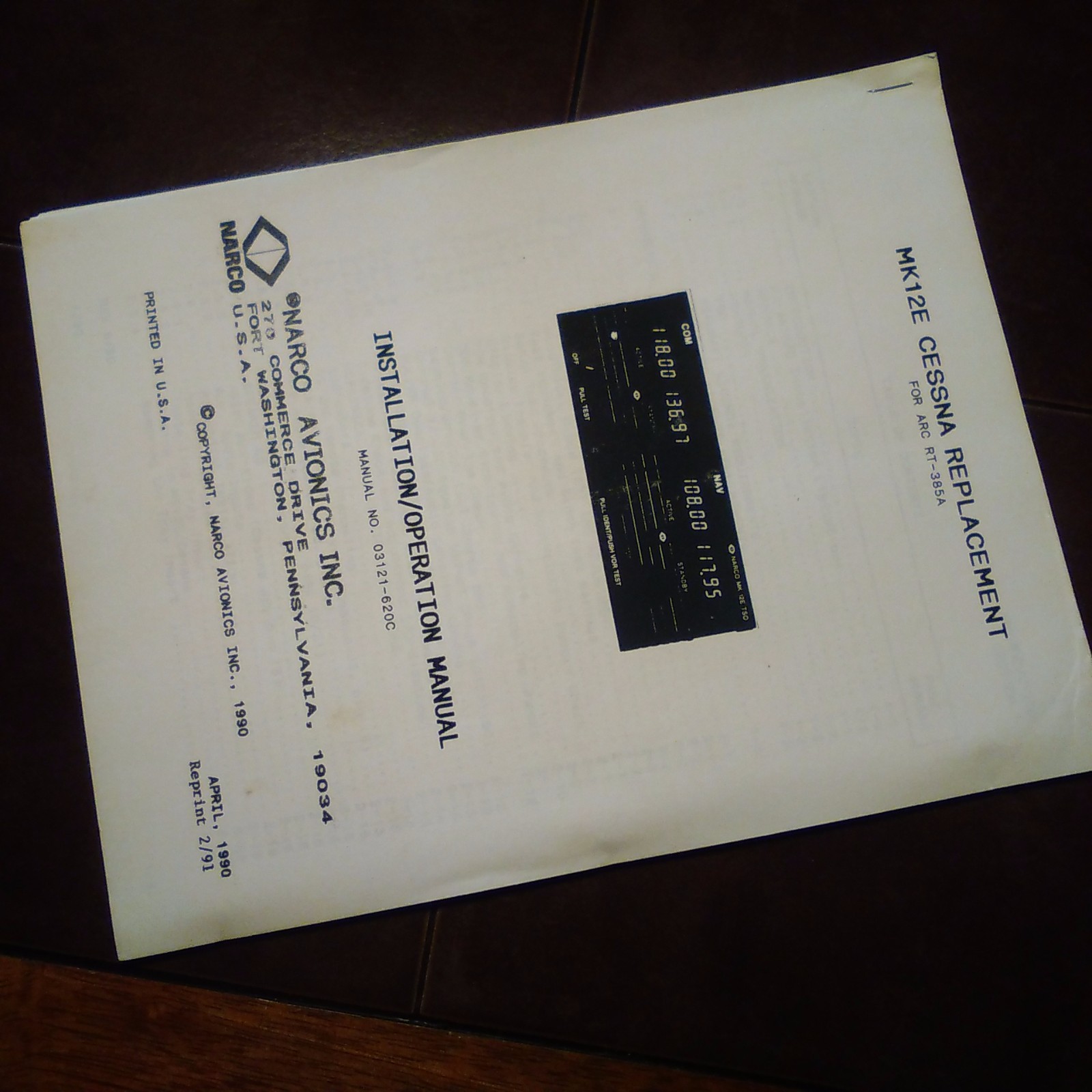 Narco Mk12E Cessna RT-385A Replacement Install Manual.
