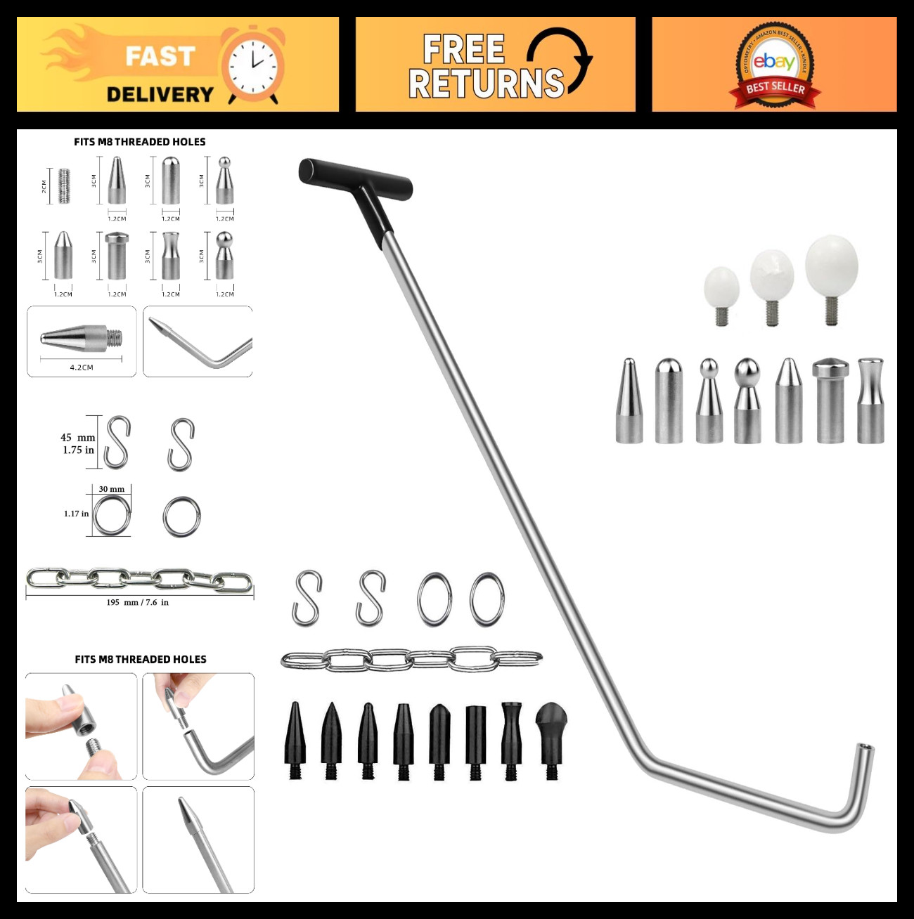 Paintless Dent Repair Tool Kit - Stainless Steel Rods & S-Hook for Car Body Hail