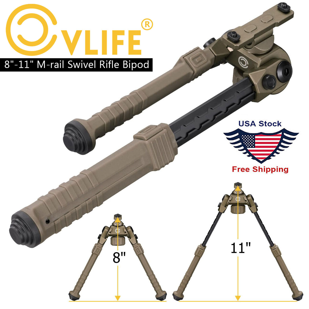 M-rail 8-11" Rifle Bipod with 360°Horizontal Rotation Hunting Bipod Foldable Leg