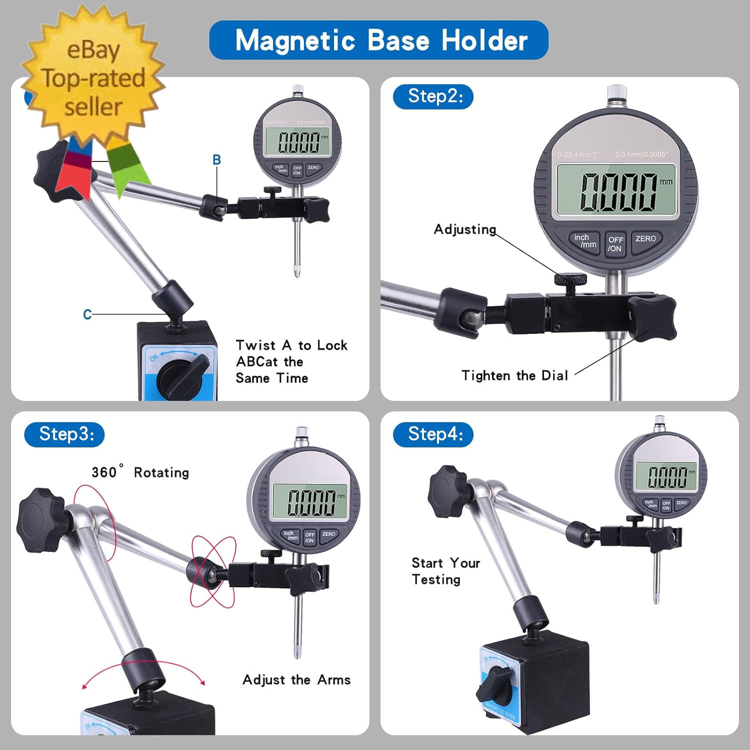 Electronic Digital Dial Indicator with Magnetic Base Holder Fine Adjustable Long