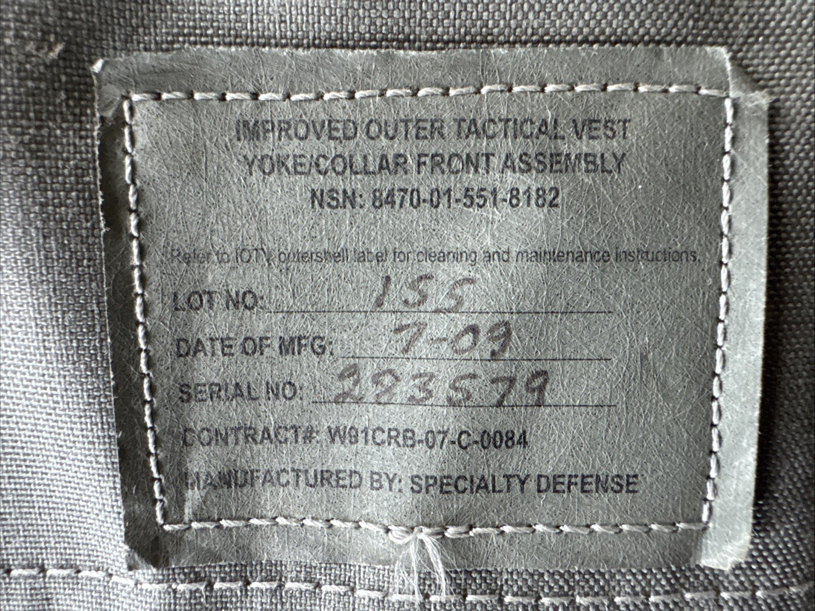 Specialty Defense Improved Outer Tactical Vest Yoke/Collar Front Assembly Medium