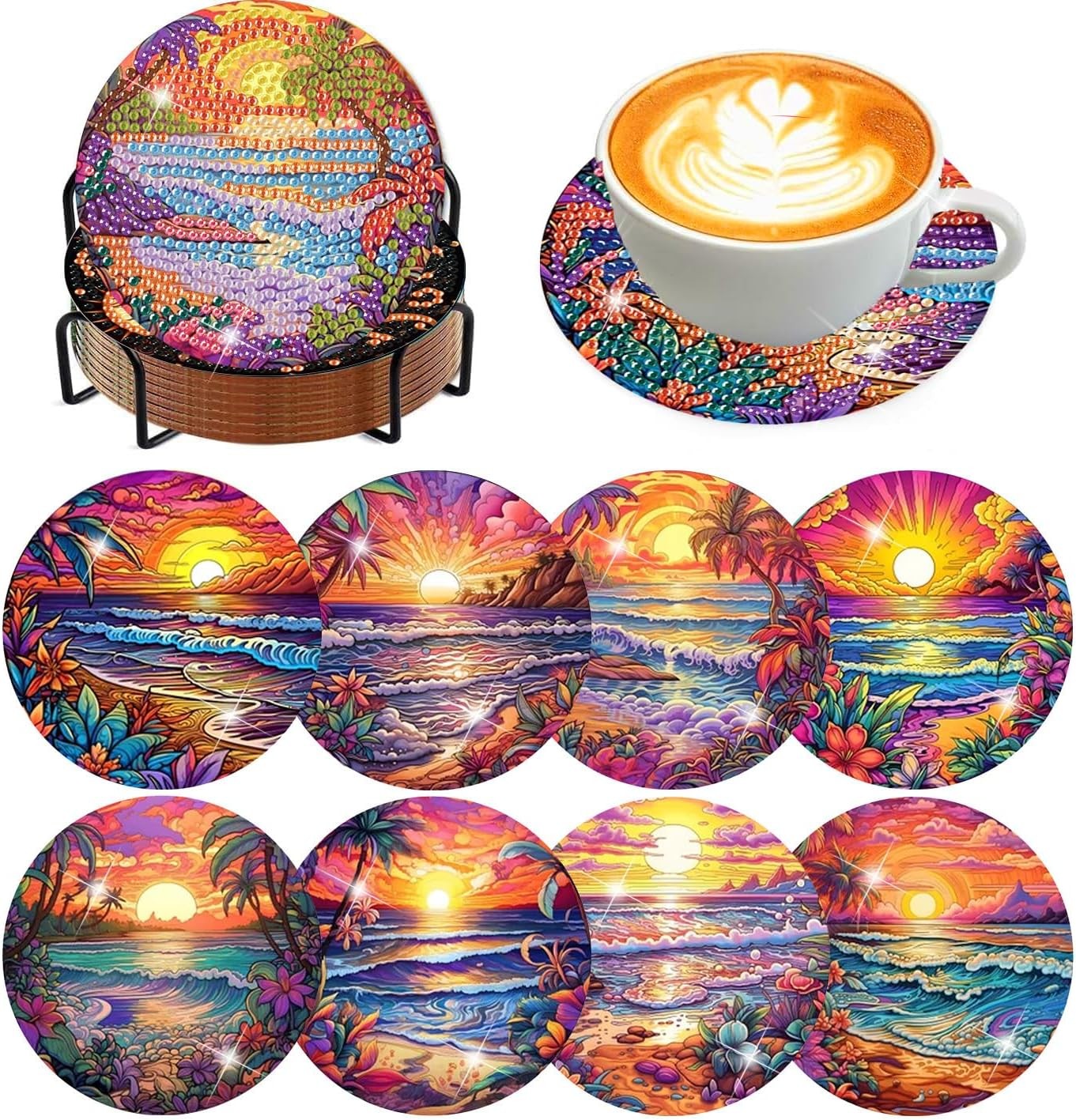 8 Pcs Diamond Art Coasters kit with Holder 8 4x4in, Sunset Beach