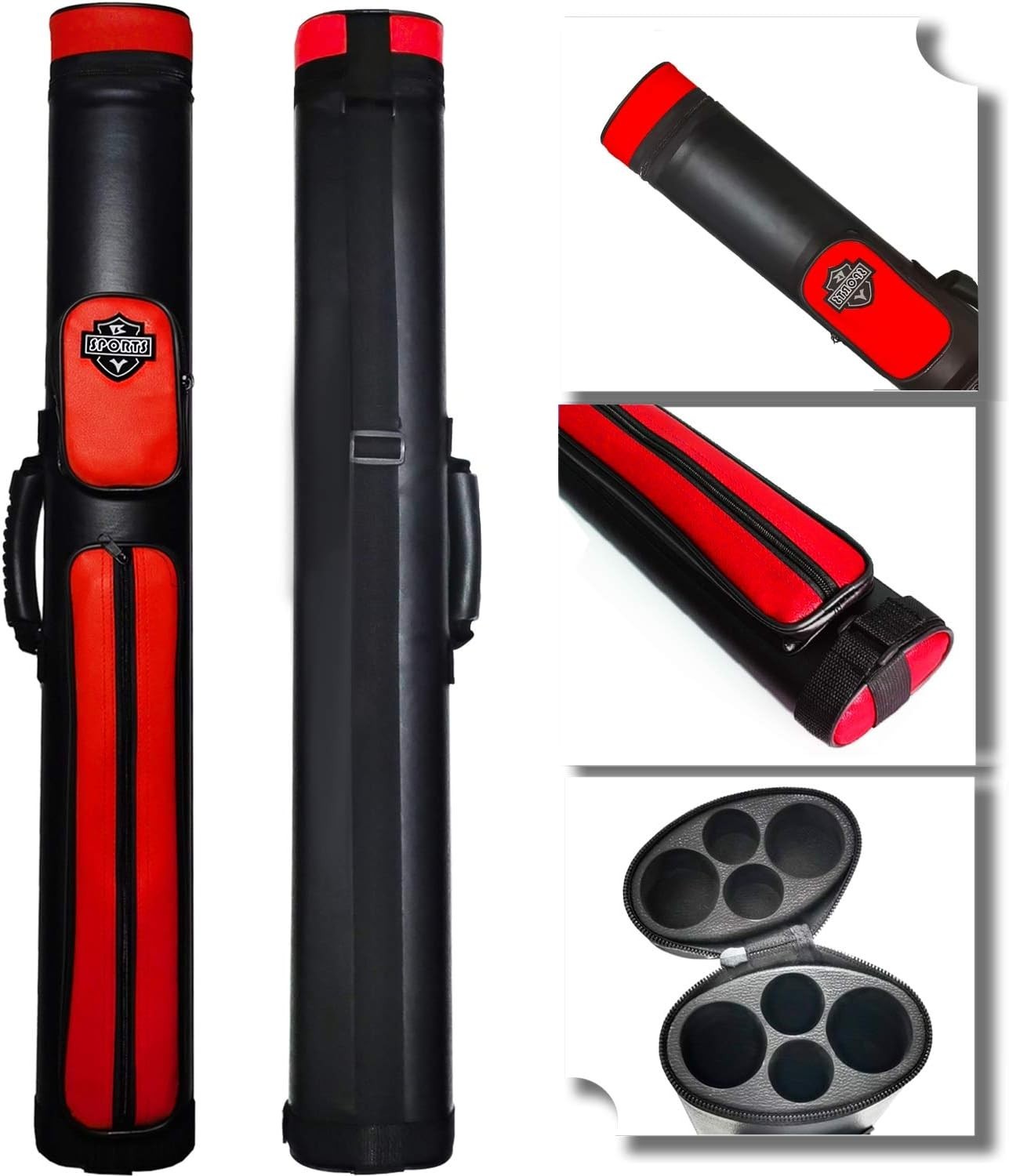Billiard Cue Carrying Case 2 Load 4 Compartment Adjustable Strap Solid Red