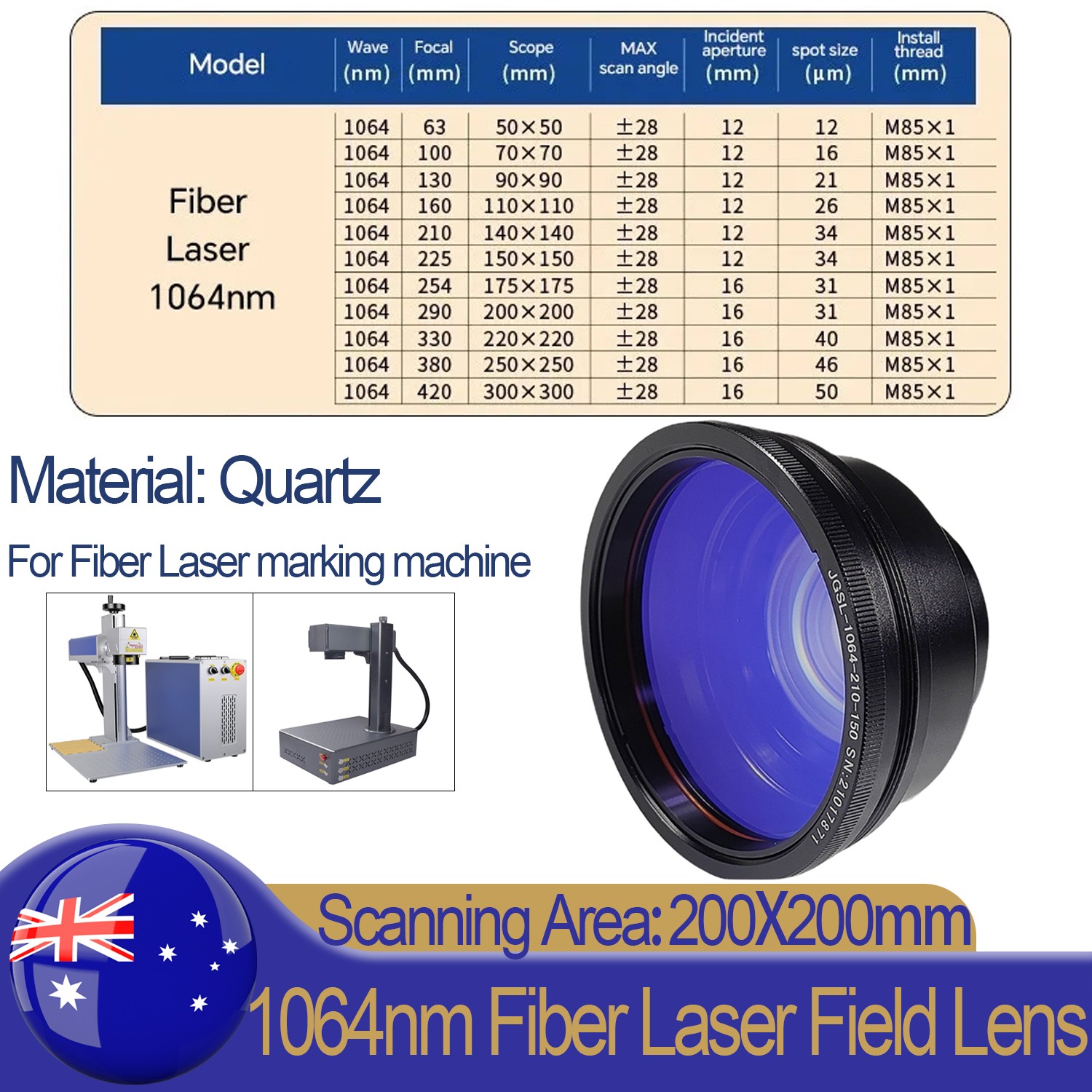 200mm Quartz Field Lens M85 F-theta Scan For 60-300W Fiber Laser Marking Machine