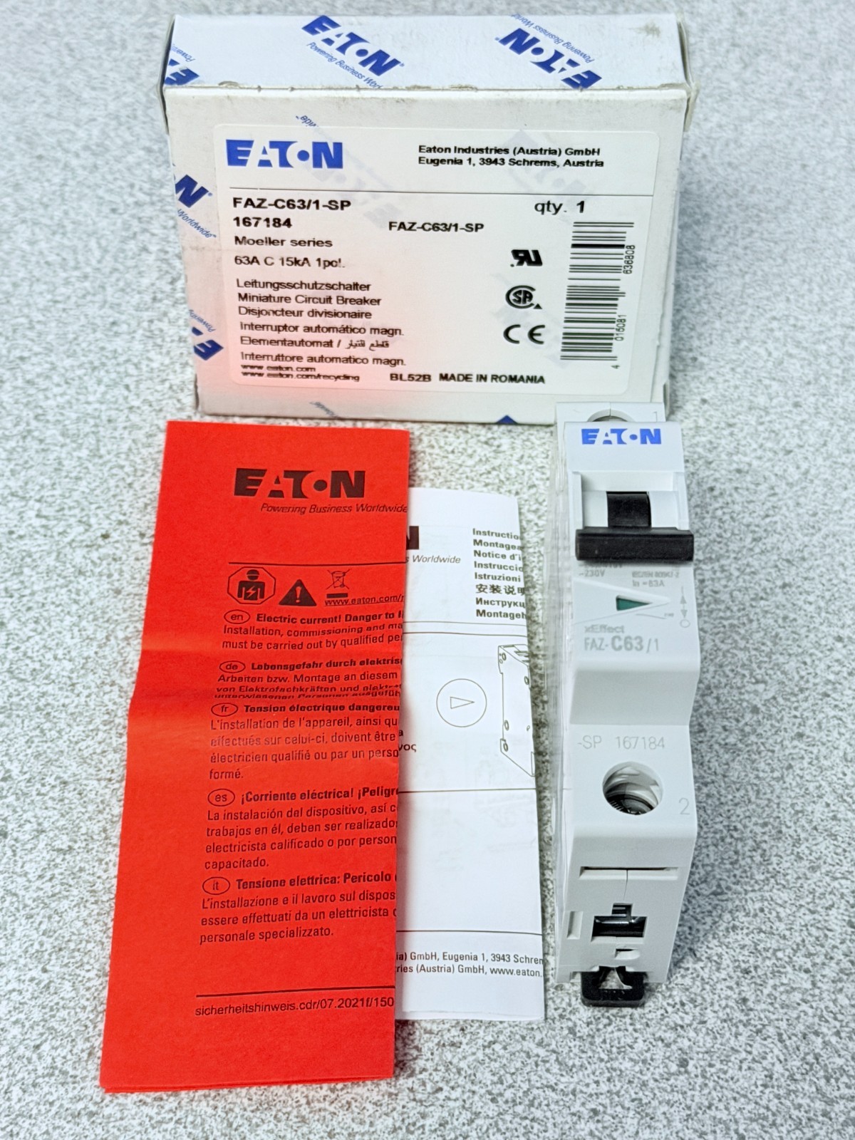 NEW Eaton FAZ-C63/1-SP Circuit Breaker, 167184, 1 Pole, 63A, 277 VAC/48 VDC