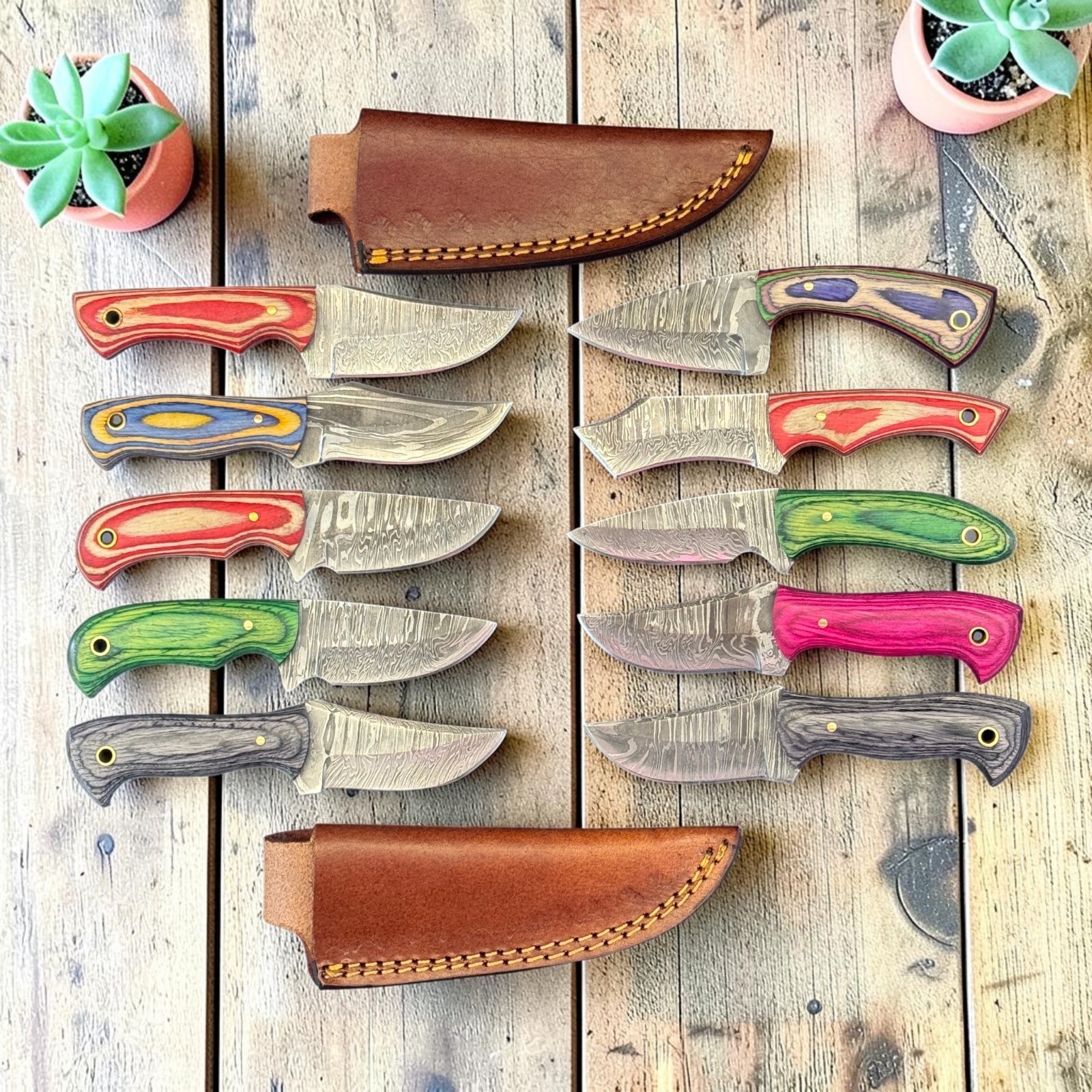 6" Hunting Knives | Lot of 10 | Damascus Steel | Pakka Wood Handle | D454