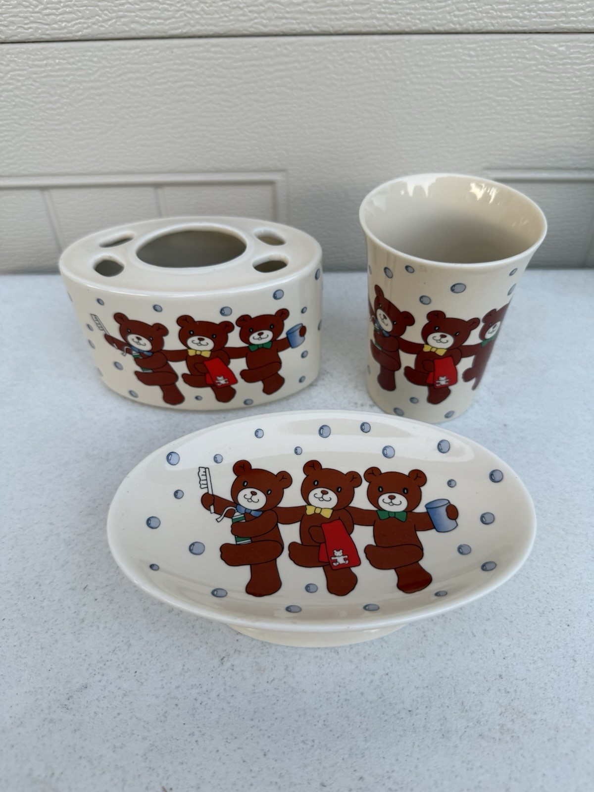 Vintage Bathroom Toothbrush Holder, Tumbler, and Soap Holder Set. Bear Design.