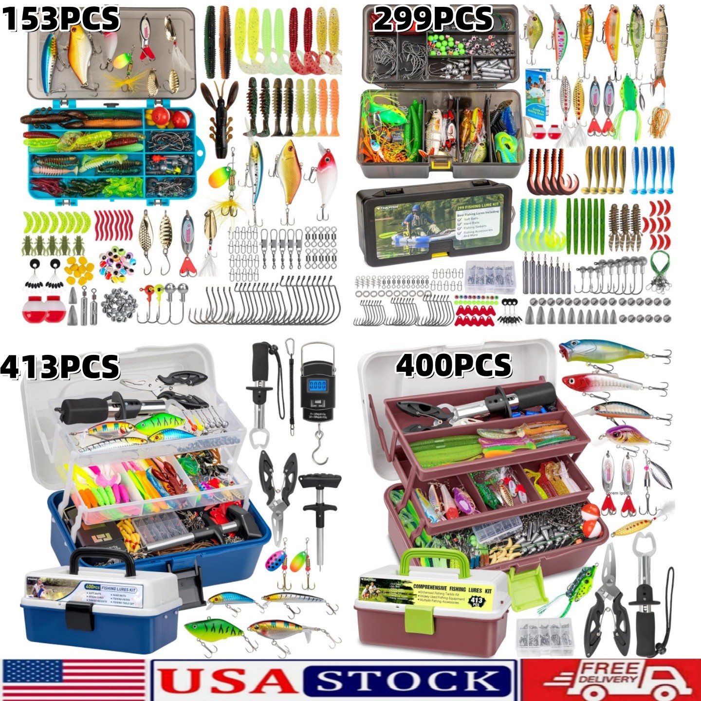 413-153PCS Fishing Lures Accessories Kit with Tackle Box Complete Fish Tools Set