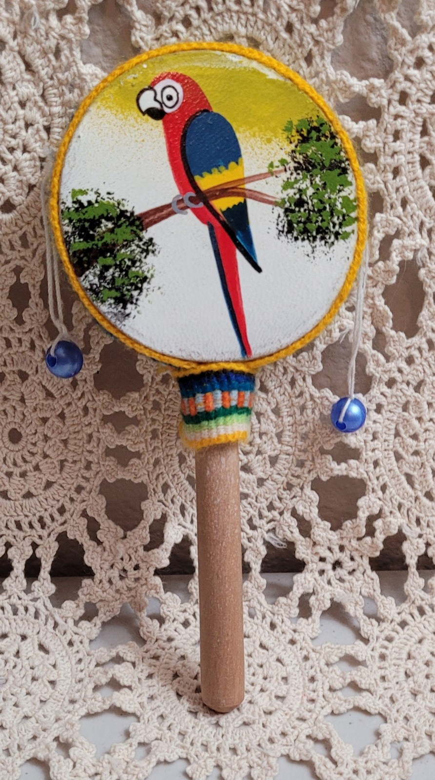 Vintage Hand painted monkey drum (Spin Drum) from peru. Child's Instrument.