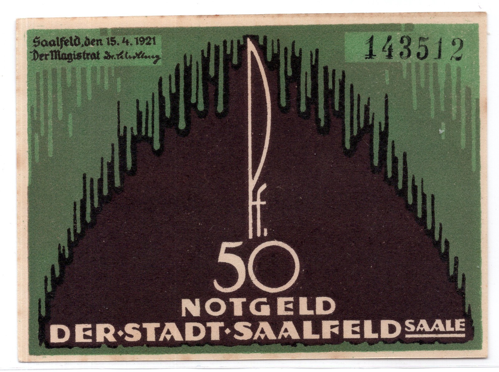 1921 Germany Saalfeld Notgeld 50 Pfennig Note (3919)