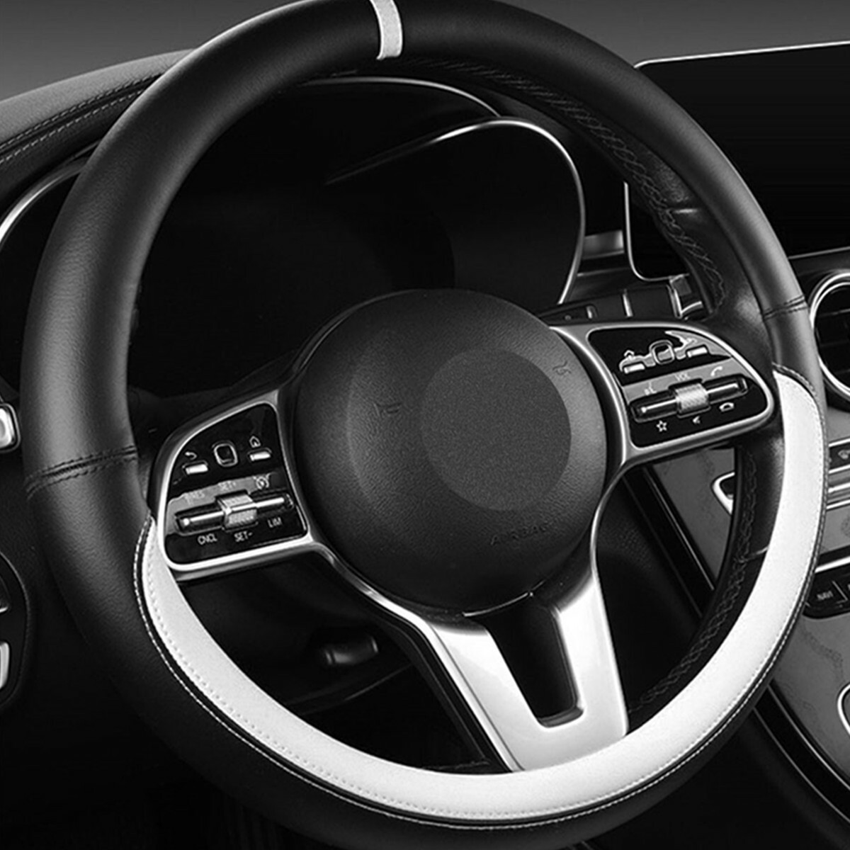 PU Leather Steering Wheel Cover  Anti-slip for Car SUV Truck 15" Black/White